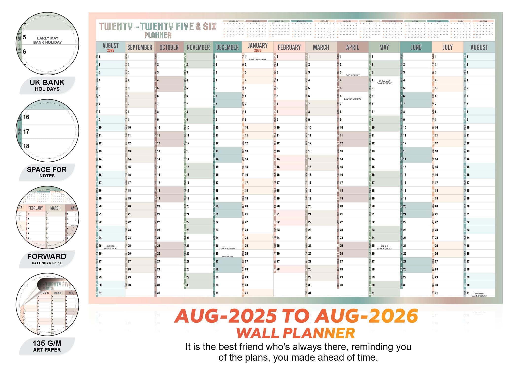 Planificador de pared para año académico 2025-2026, calendario semestral, gráfico de estudio anual, planificador anual grande de agosto a agosto, organizador de planificación académica
