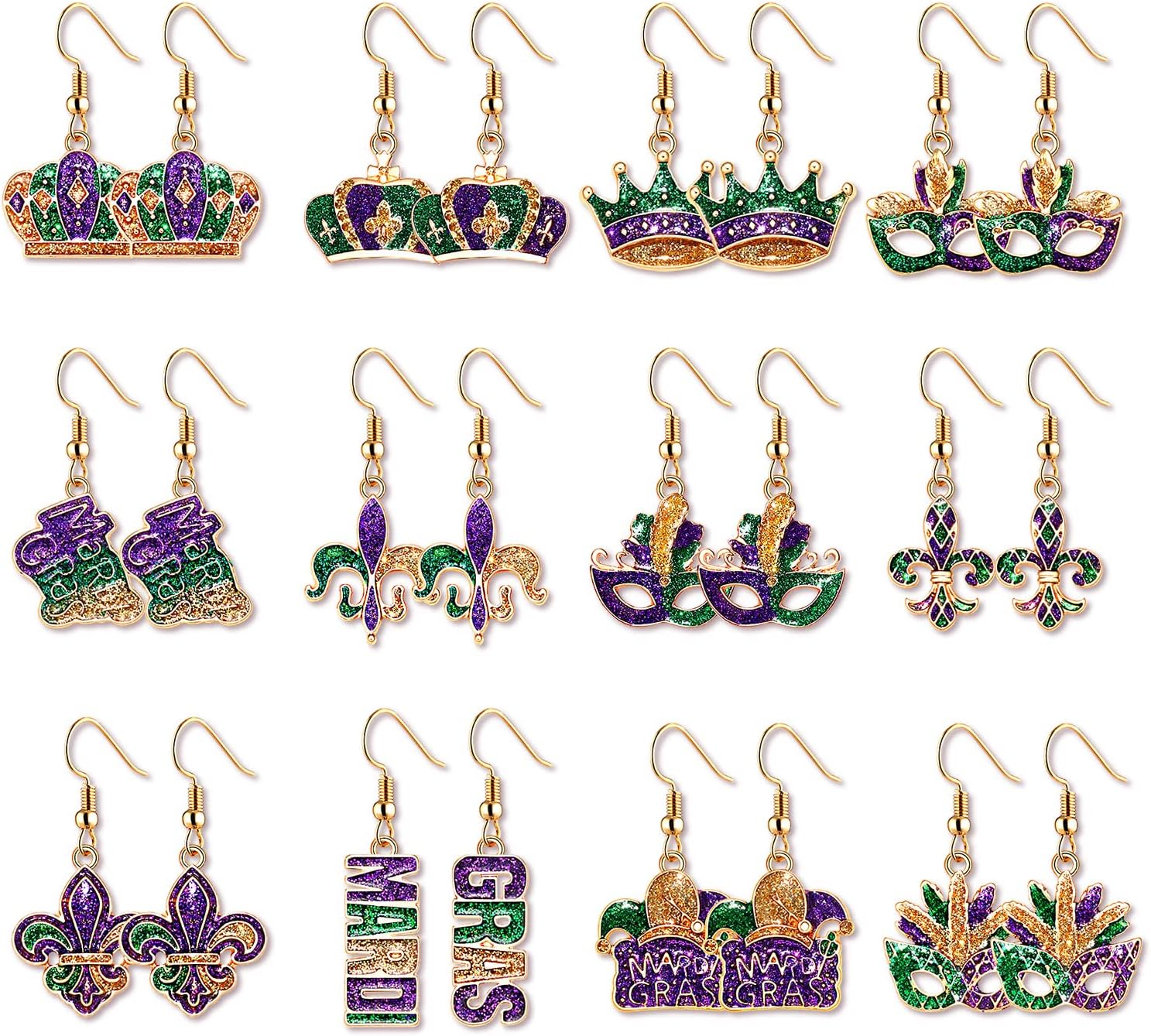 9/12Pairs Mardi Gras Earrings for Women, Crown Mask Fleur De Lis Earrings Glitter Carnival Parade Party Earrings for Fat Tuesday Celebrations Mardi Gras Accessory Gifts
