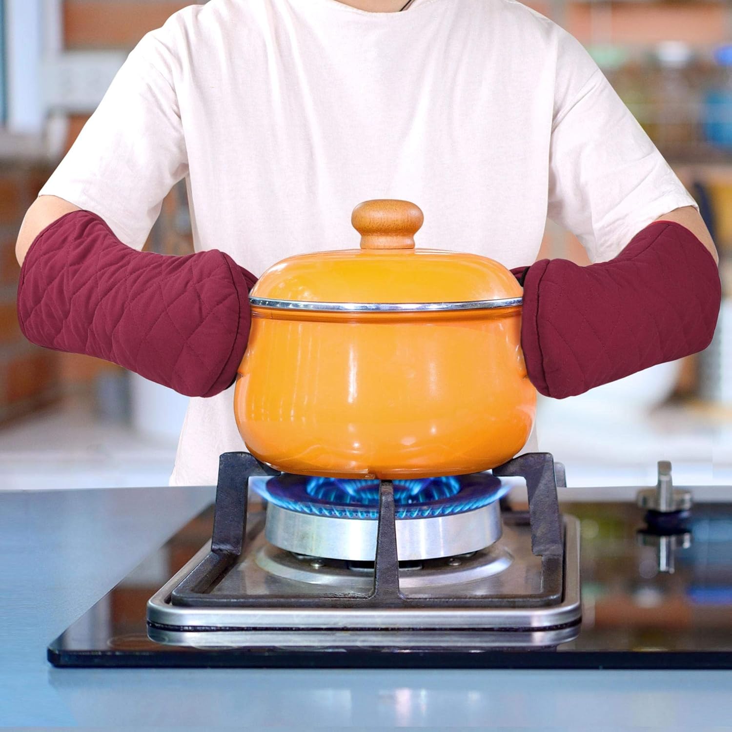 uxcell Canvas Oven Mitts, Heat Resistant Gloves Dutch Pot Holders, Non-Slip Grip, Cotton Inside Double Oven Gloves, with Hanging Loop, 1 Pair, Red