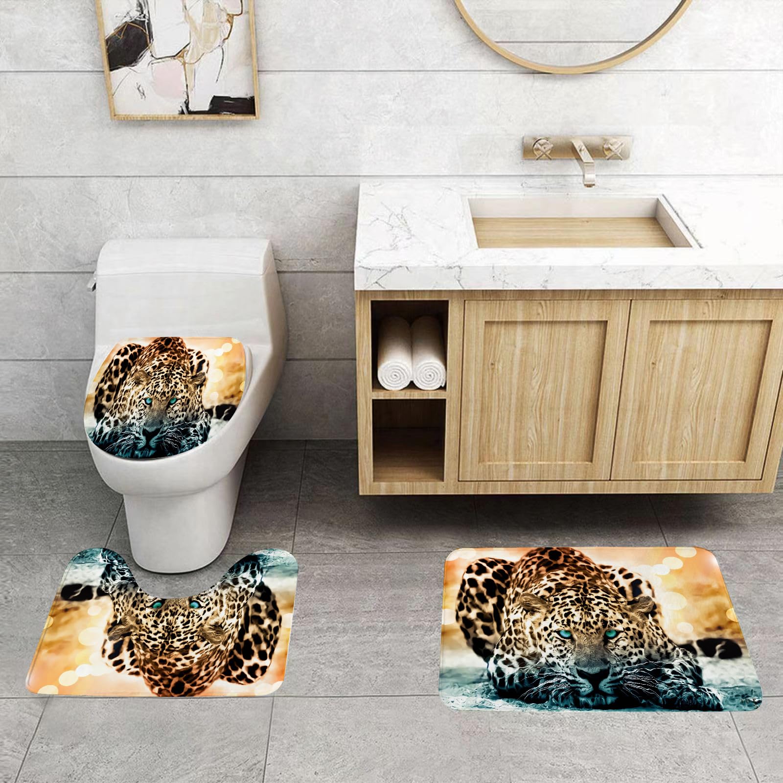 Set di 3 tappetini da Bagno, Lavabili in Lavatrice e Antiscivolo, in Morbida Fibra Superfine, Fantasia Leopardata (3)
