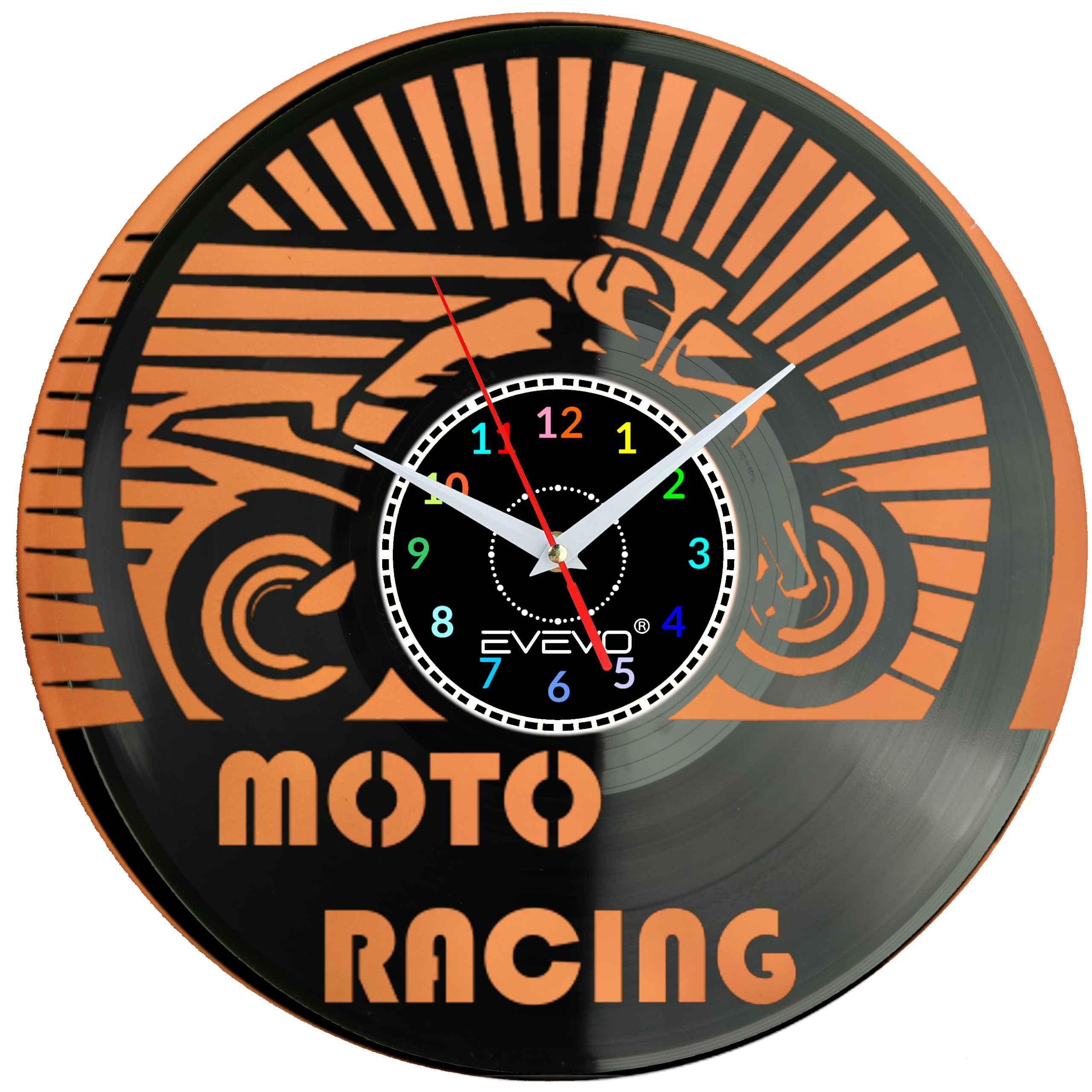 MOTOR MOTOCYKL MOTO RACEING ZEGAR ŚCIENNY FLUORESCENCYJNE TŁO PŁYTA WINYLOWA PREZENT UPOMINEK URODZINY GIFT SOUVENIR EVEVO F0055