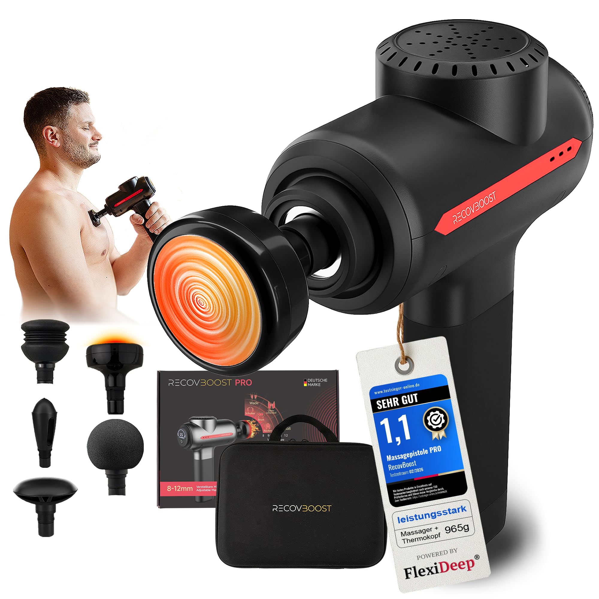 PRO Pistolet de massage avec fonction thermique Note 1,1 - Pistolet de massage avec profondeur de massage réglable - Pistolet de massage pour le dos, le cou, les fascias - Pistolet musculaire pour