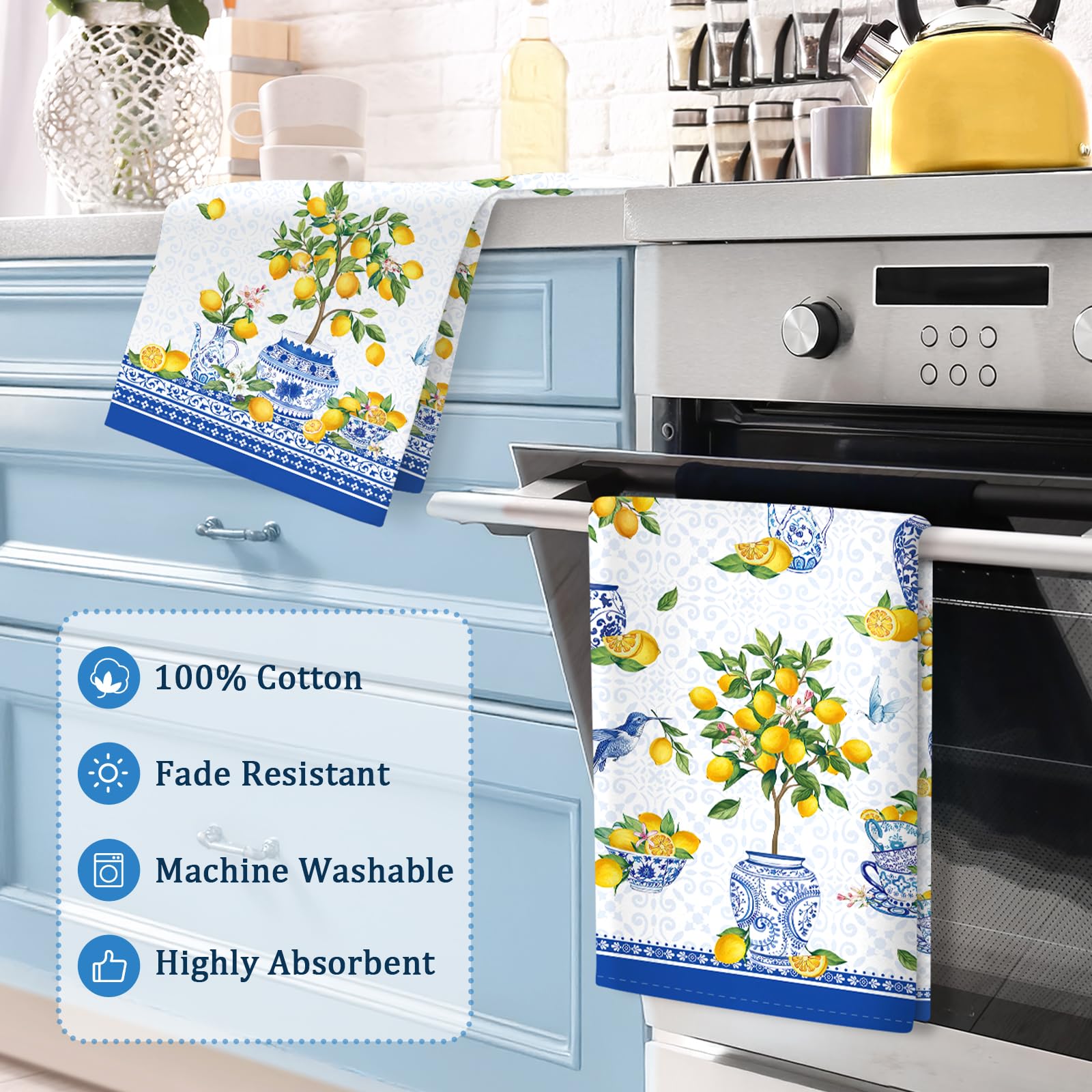 Set 2 Strofinacci Cucina, Limone Estate Chinoiserie 100% Cotone Canovacci Senza Pelucchi Asciugamani Durevole Riutilizzabili Panni Cucina Decorazione Botanica Regali di Vacanza 48 cm x 70 cm