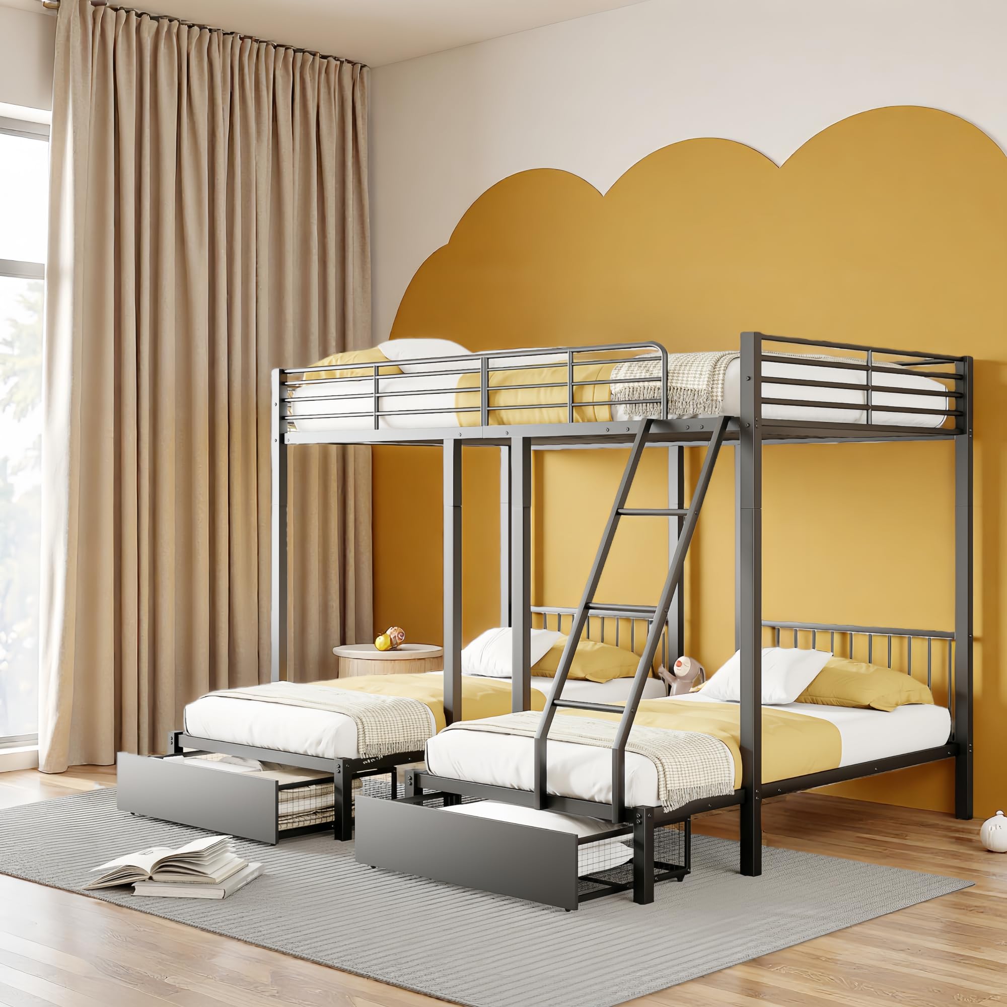 Lubvtti Letto a castello triplo con cassetti,trasformabile in letto matrimoniale 140 x 200 e due letto singolo 90 x 200,struttura in metallo,Nero