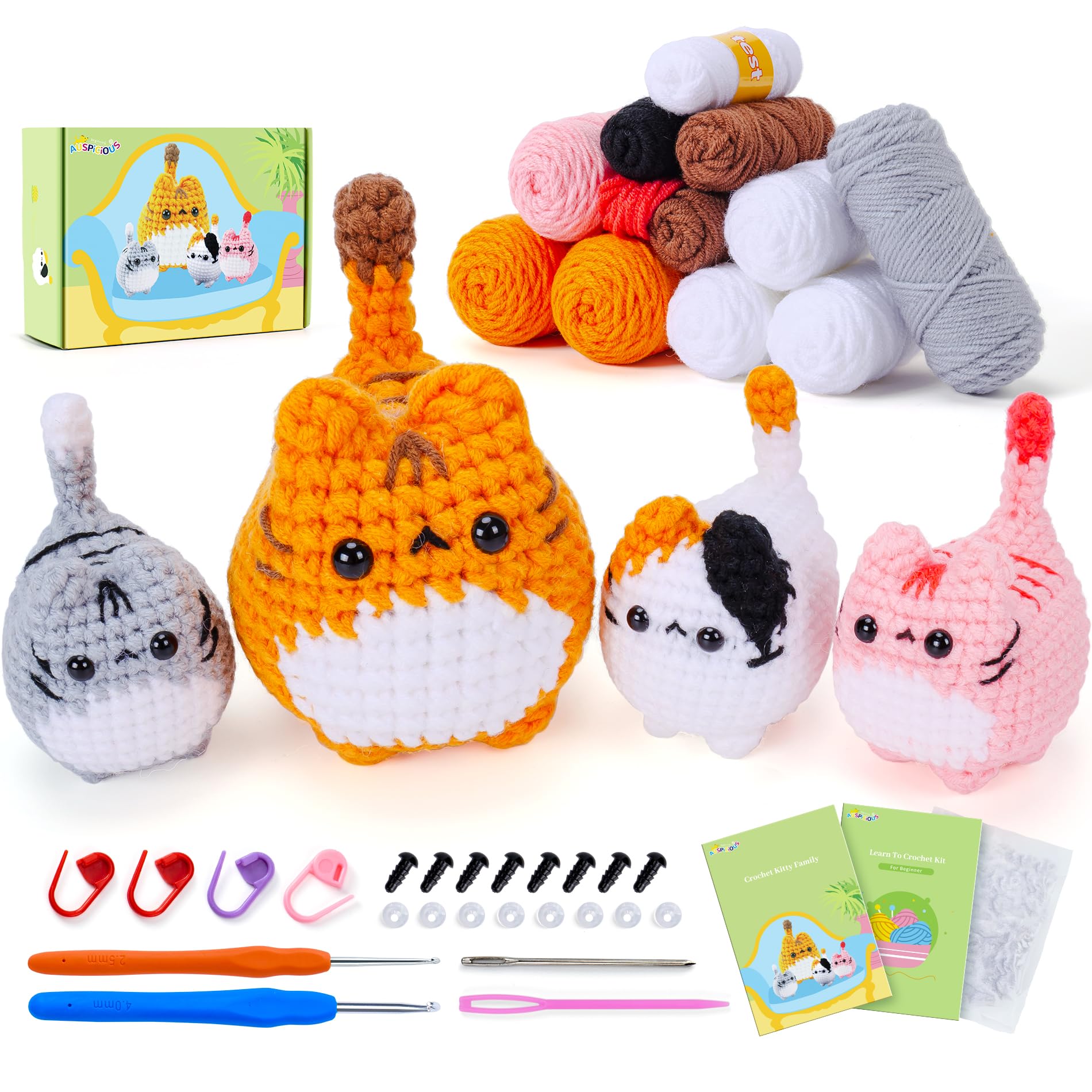 Crochet Kit for Beginners Animal Cat Crochet Kit for Adults Kids, Knitting Kits Complete Crochet Set with Step-by-Step Video Tutorials, 4pcs Cat Crochet Animal Kit Surprise Gift Birthday (Orange Big)