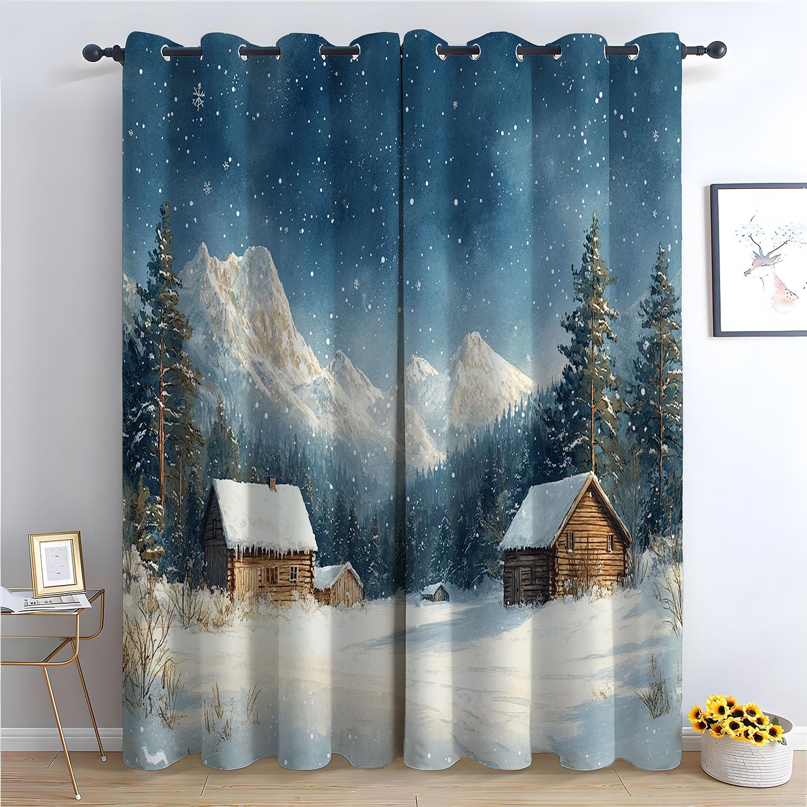 TERUEA Blackout Fabric Window Drapes for Living Room Bedroom Winter snow mountain cabin pine forest starry night Curtains for Living Room-52 W x 108" L (Pack of 2)