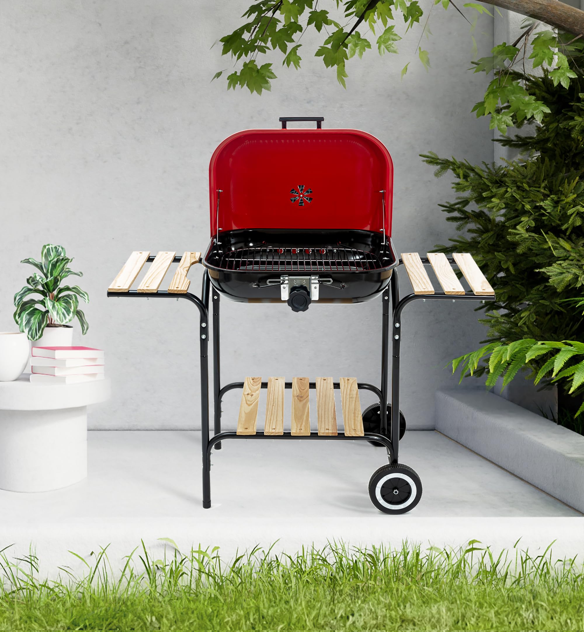Barbeque a carbone con ruote, griglia regolabile e coperchio BBQ Efesto