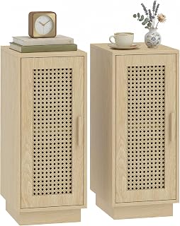 HOMCOM Set of 2 Bedside Tables, Bedside Tables with Adjustable Shelf and Door, Resin Braided, Bohemian Style for Bedroom, Living Room, Natural Wood