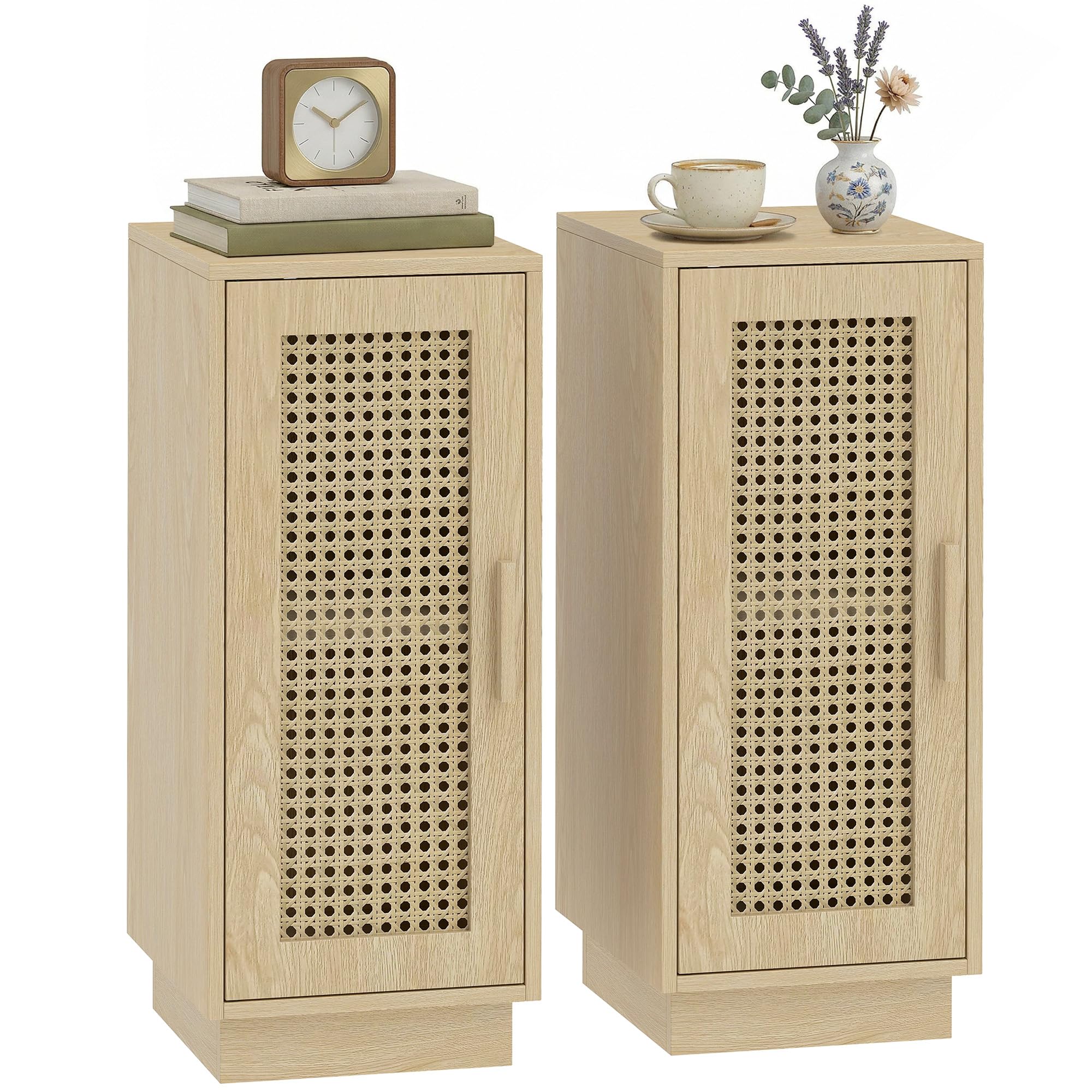 HOMCOM Lot de 2 Tables de Chevet, Tables de Nuit, Bois Naturel | Étagère Réglable, Porte en Résine Tressée, Style Bohème, Chambre à Coucher, Salon