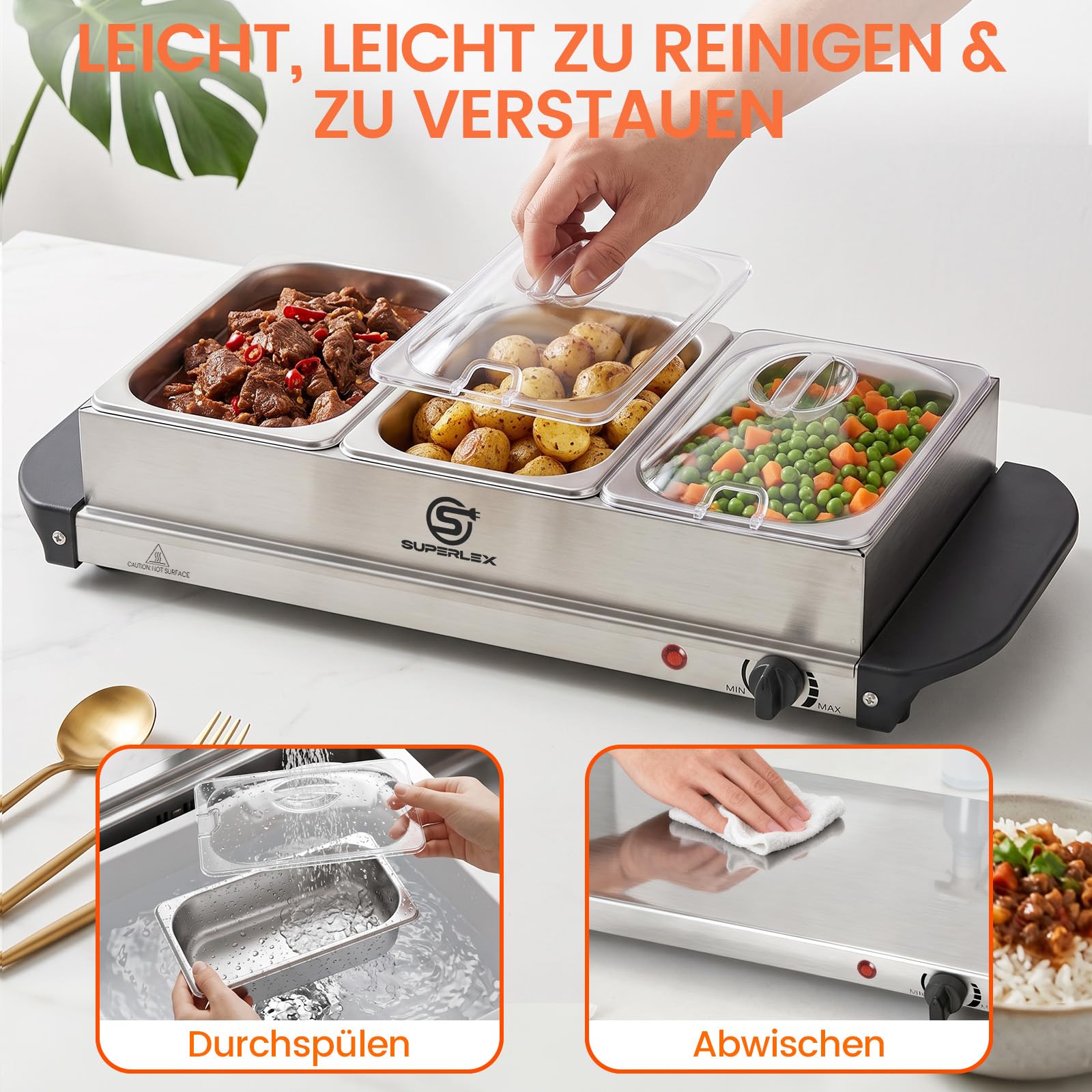 2in1 Warmhalteplatte und Buffetwärmer aus Edelstahl 200W mit 3x1,2L Speisebehältern Gleichmäßige Wärme Speisewärmer für Buffets Partys Familienessen Catering Events Kompakt Leicht Reinigung