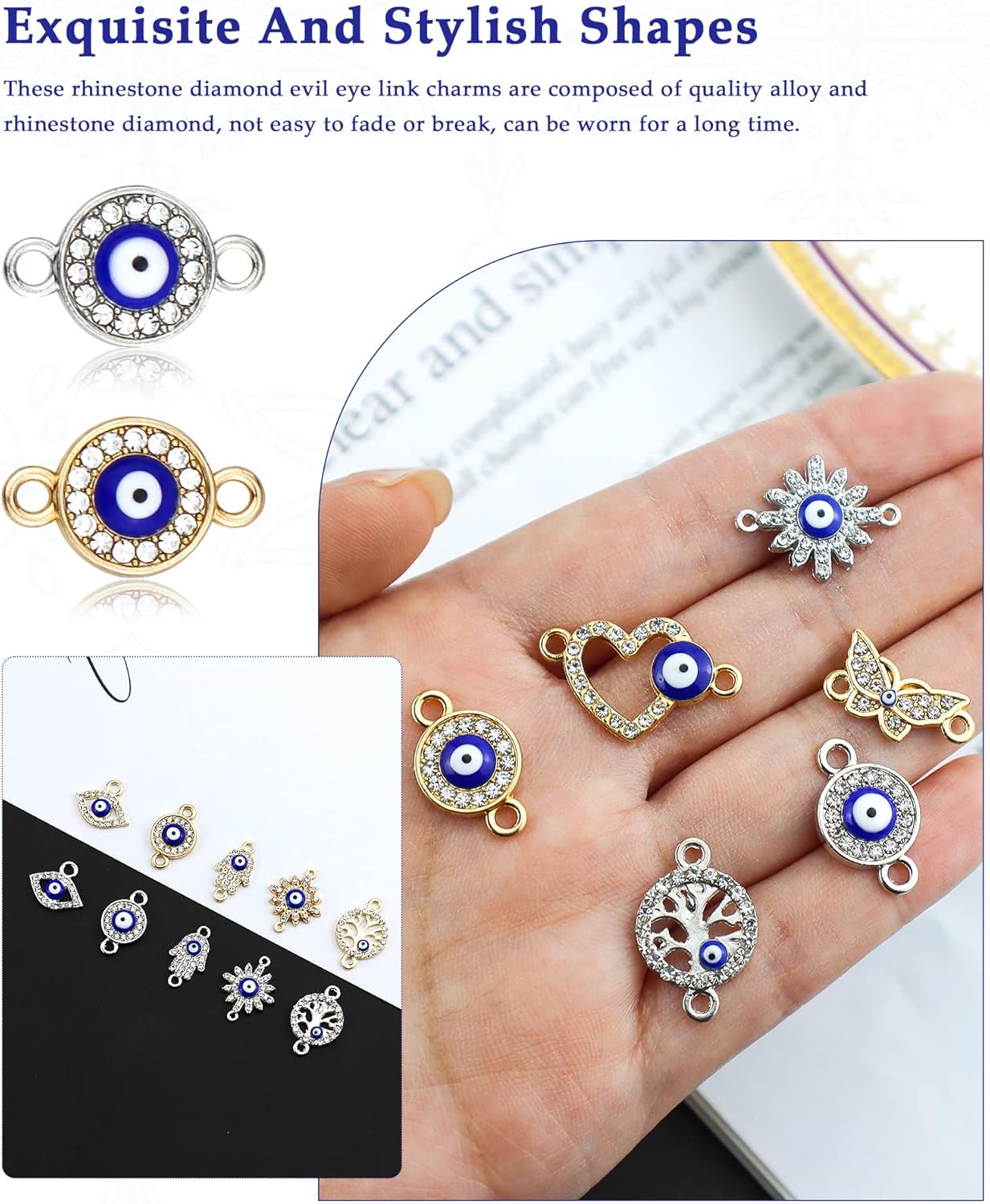 20 Pieces Evil Eye Beads Charms Assorted Connector Rhinestone Diamond Evil Eye Charms for DIY Jewelry Necklace Bracelet Crafts Making (Silver, Gold) - Image 4