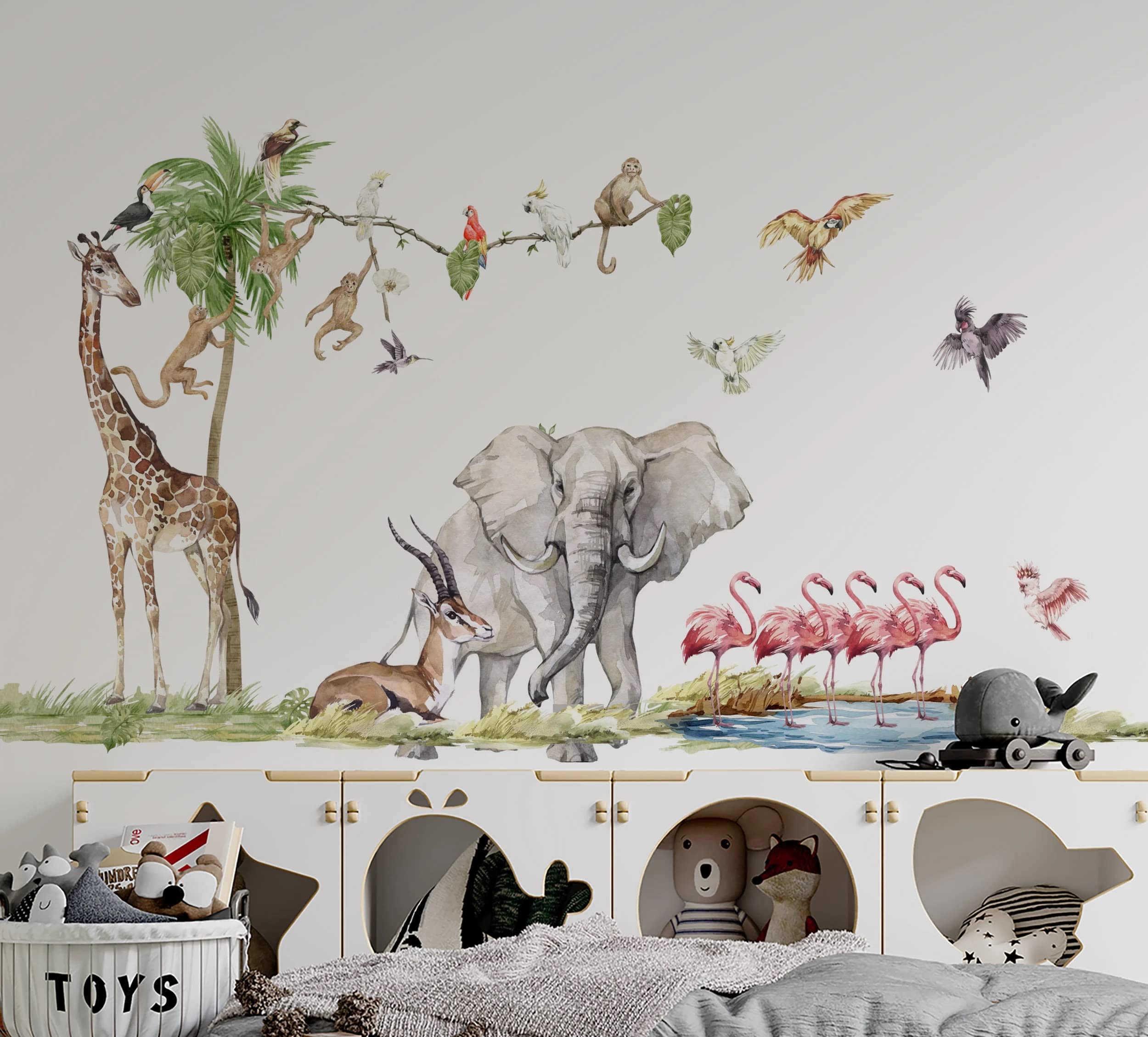 XXL Sunny Safari naklejka na ścianę z flamingami, tatuaż ścienny, do pokoju dziecięcego, naklejka ścienna, słoń, żyrafa, duży zestaw
