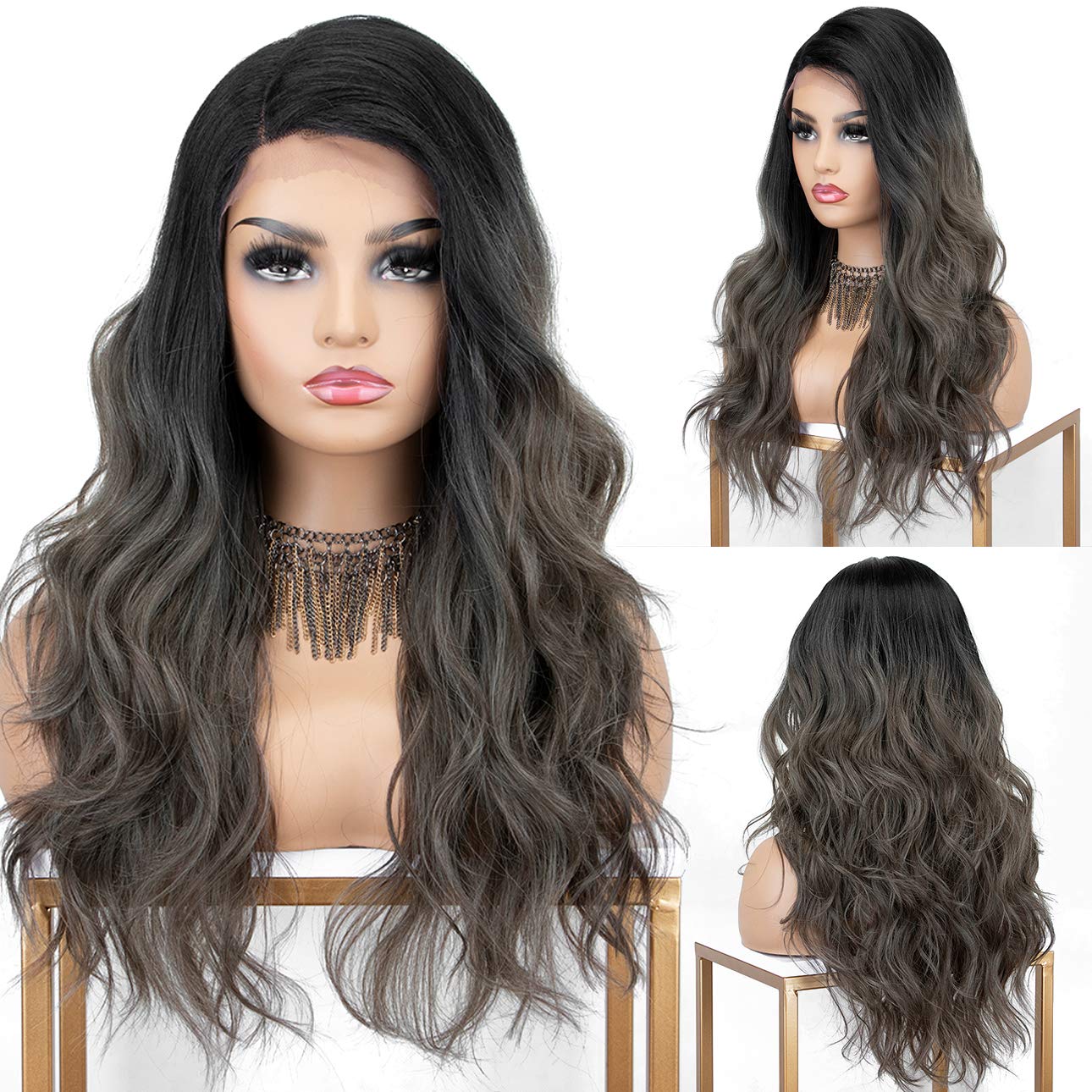 K'ryssma Ombre Dark Brown Lace Front Wigs with Highlights 18 inches Long Wavy Synthetic Wig Deep Side Parting Brown Ombre Wig with Black Roots