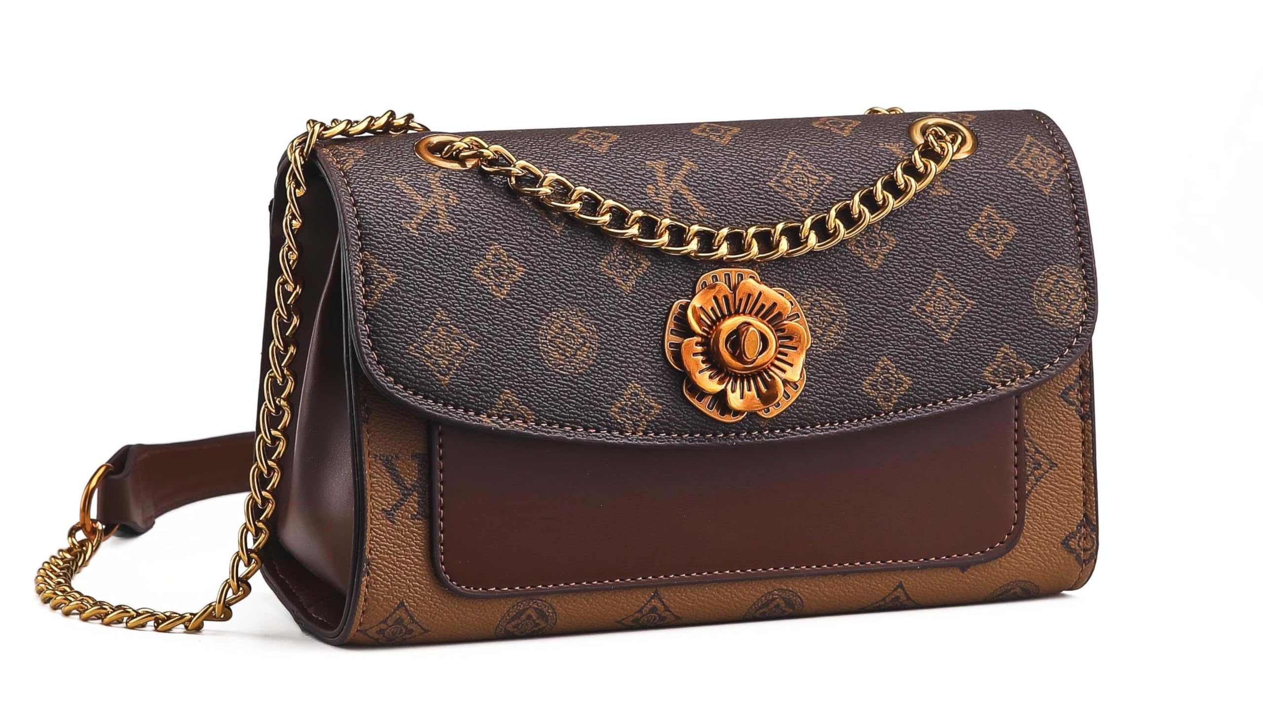 Designer Monogram Shoulder Bag with Gold Chain Strap, Floral Clasp, Brown Leather Trim-image-0