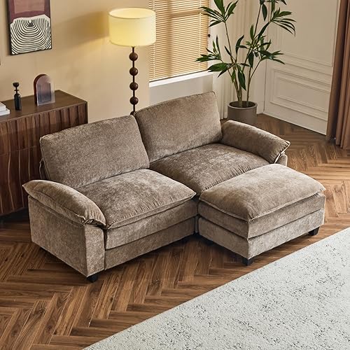 VINGLI Convertible Sectional Loveseat Sofa with Deep Seat &Movable 2-Layer Ottoman, Oversized L-shape Cloud Sofa with Chaise & Armrests, 2-Seat Sofa for Small Spaces & Apartment, Chenille, Light-Brown