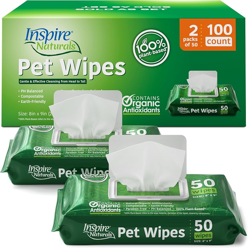 Naturals Pet Wipes for Dogs and Cats 100% Natural Plant Based with Organic Antioxidants, Dog Wipe Cleaning Deodorizing | Puppy Wipes | Dog Wipes for Paws and Butt(100ct - 2 Pack)