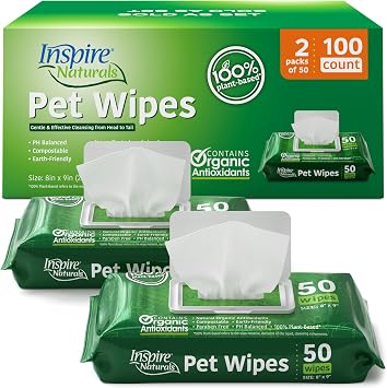 Inspire Naturals Pet Wipes for Dogs and Cats 100% Natural Plant Based with Organic Antioxidants, Dog Wipe Cleaning Deodorizing | Puppy Wipes | Dog Wipes for Paws and Butt100ct - 2 Pack