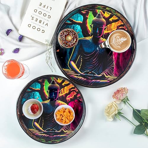 Miniatura 2 de Crocon Bandejas decorativas redondas para servir para mesa de café, desayuno, Buda, juego de 2 portavelas, centros de mesa multiusos para comedor,