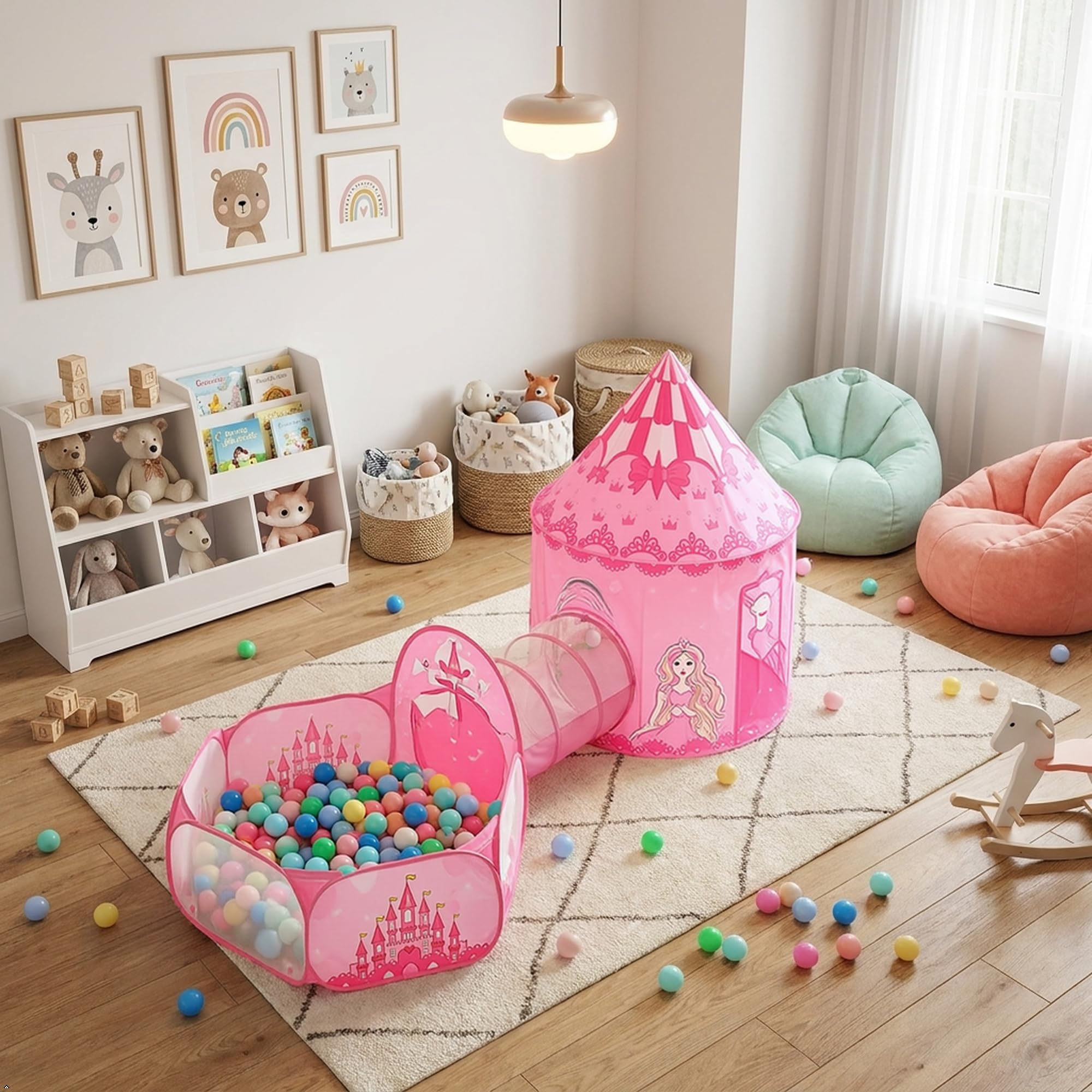 Tienda de campaña Infantil, Castillo Princesa 3 en 1 con Tienda, Túnel y Piscina de Pelotas