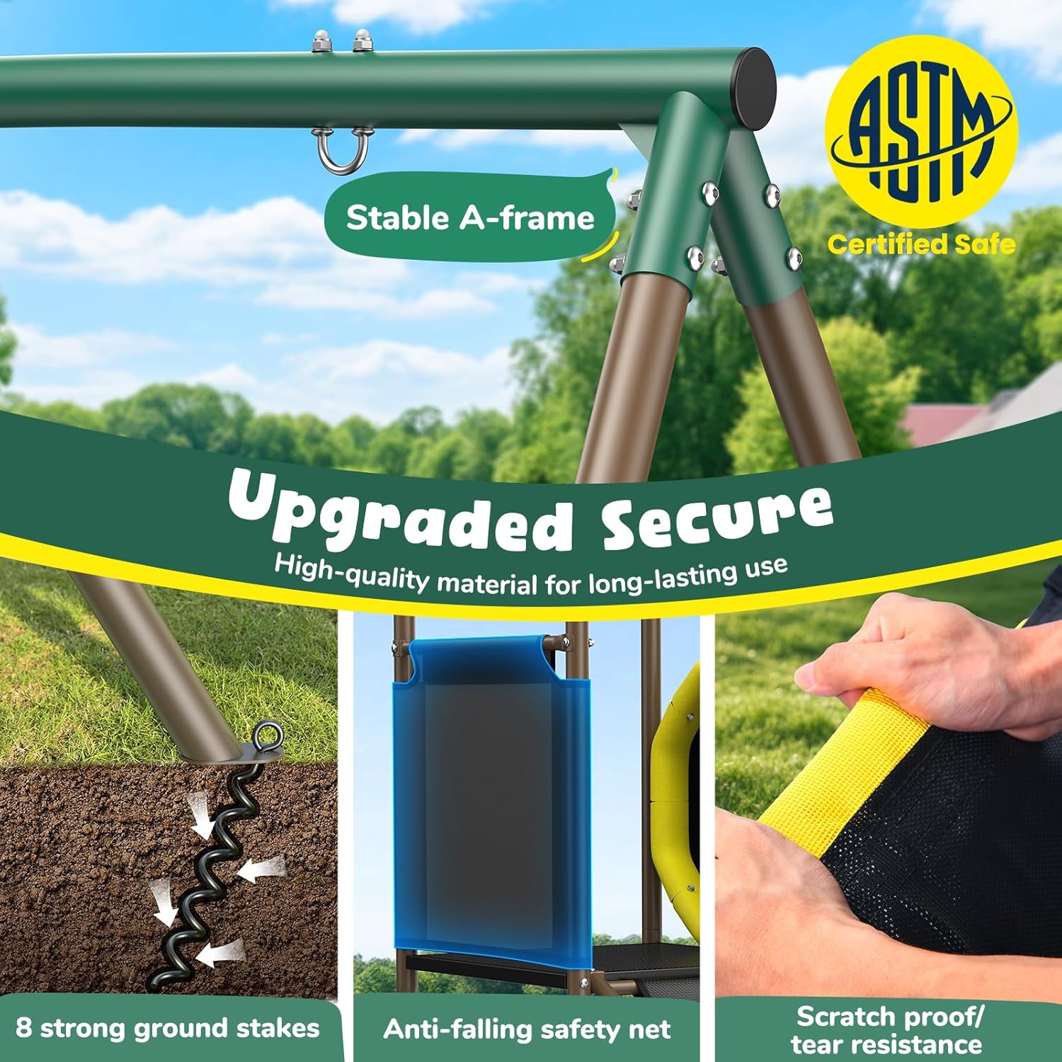 Safety features of the Hapfan swingset including A-frame design, ground stakes, and safety net