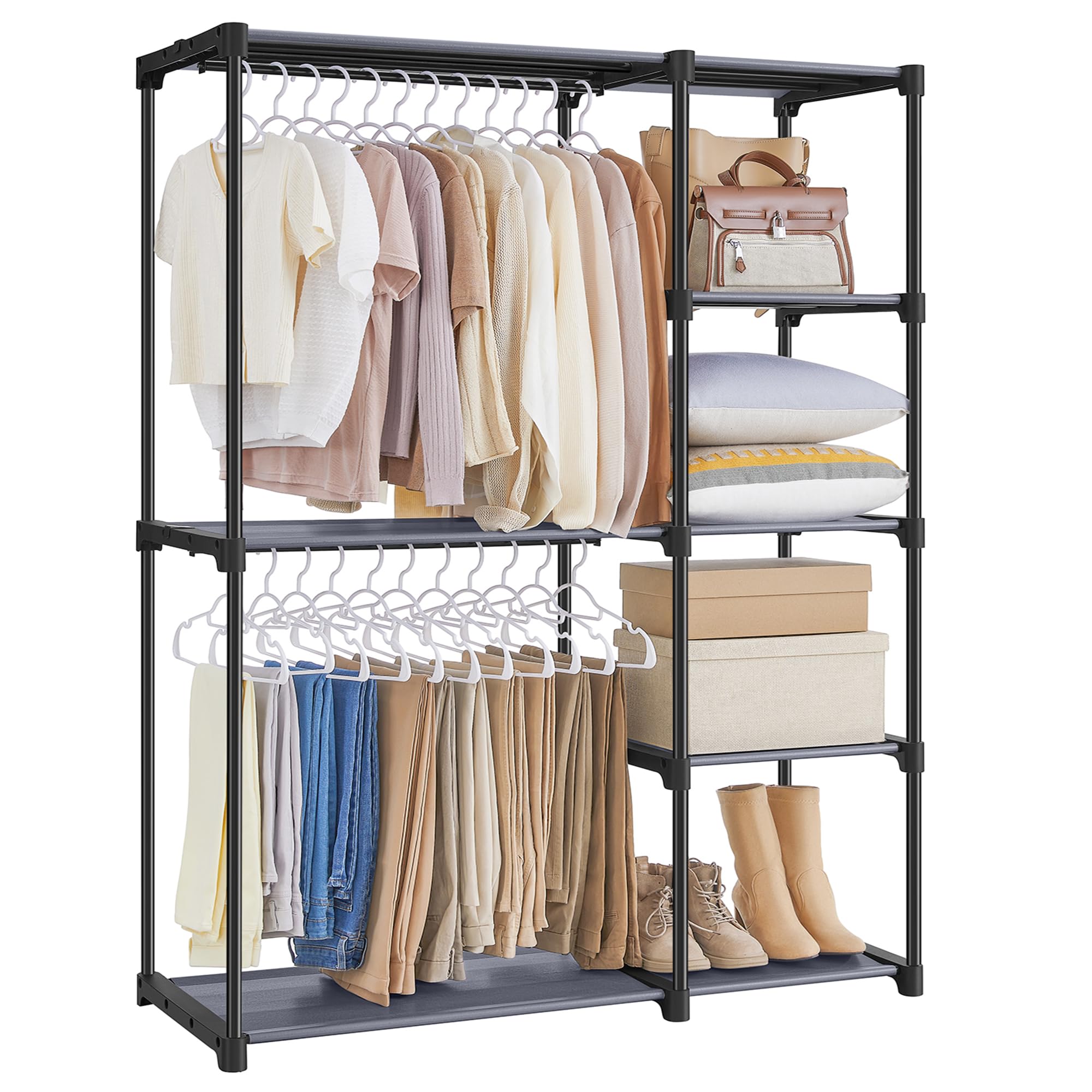 SONGMICS Freestanding Wardrobe, Foldable Closet, Coat Rack with Clothes Rails, Clothes Rack, Open Storage Wardrobe, Storage Organiser, Cloakroom, Bedroom, 43 x 112 x 165 cm, Grey RYG024G02
