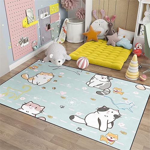 Miniatura 5 de Alfombra de gatos de dibujos animados para niñas, bonita decoración de habitación de niños, alfombra con temática de animales azules, alfombra ultra