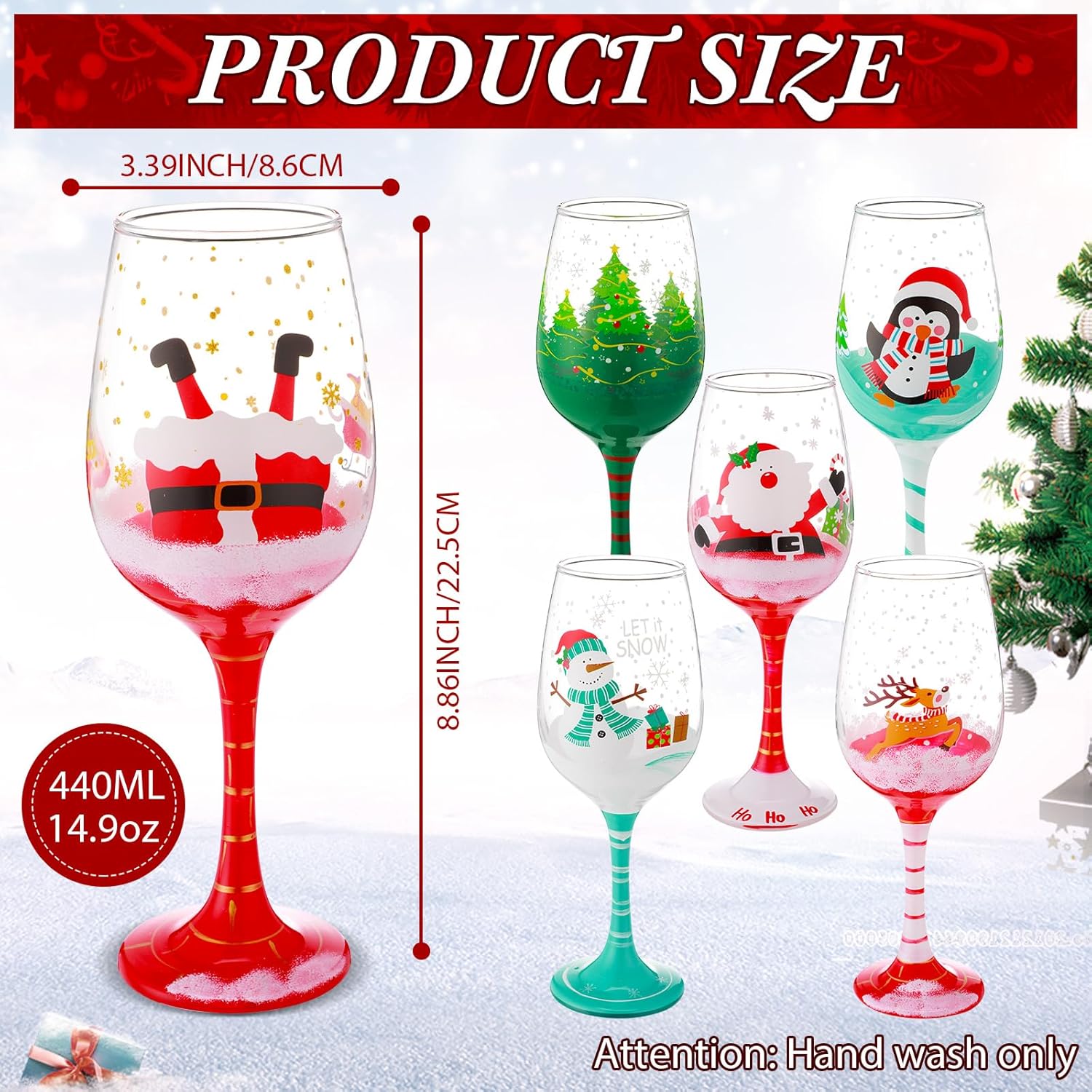 Boao Set of 6 Christmas Wine Glasses 14.9oz Festive Santa Snowman Christmas Tree Drinking Goblets Cups Painted Xmas Gift Winter Wine Glassware for Party Wedding Holiday(Red,Green,Santa)