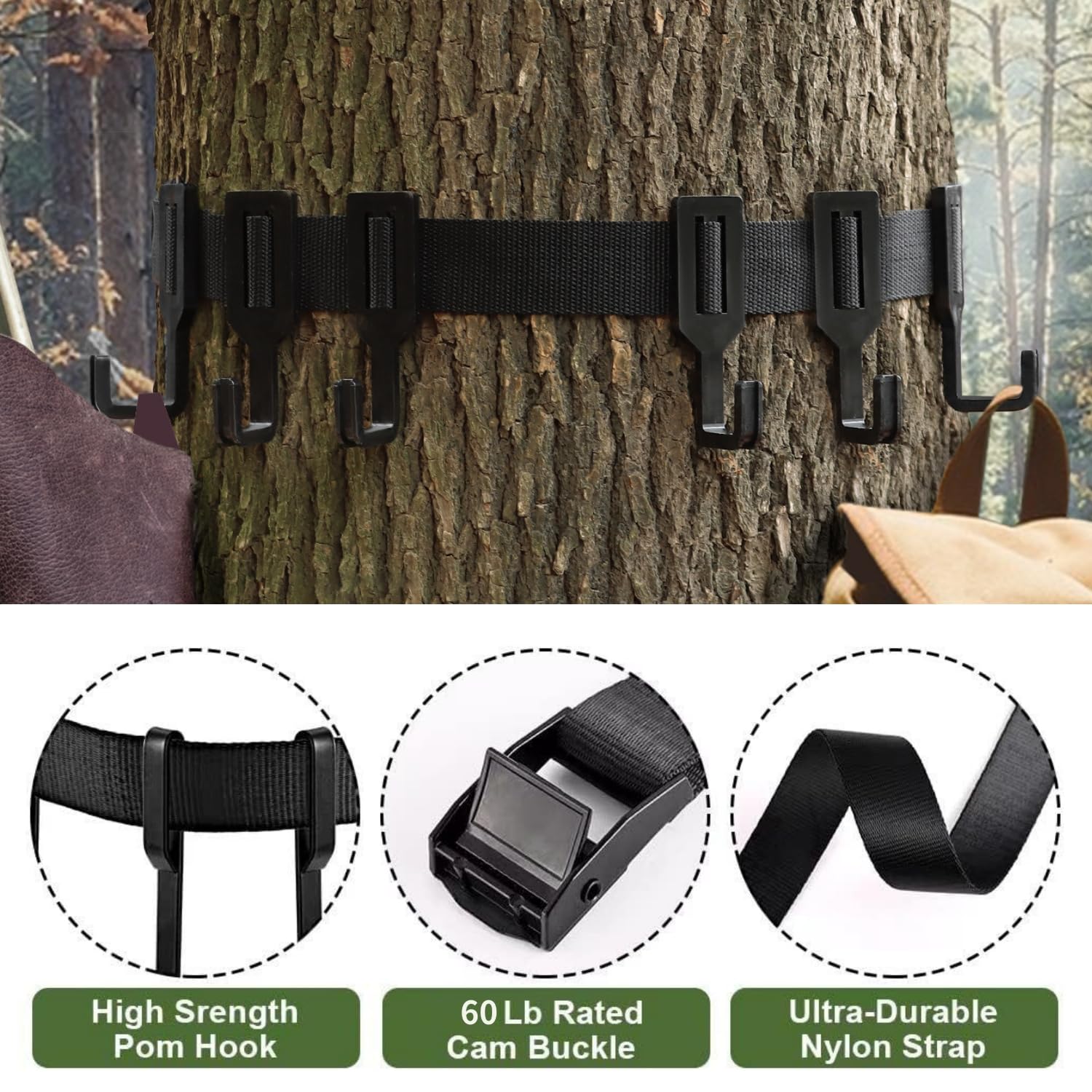 Colgadores para Árboles de Equipo de Caza, Negro Gancho con Correas de Trinquete, Soportes de Silla de Árbol Resistentes, Soporte para Árbol al Aire Libre para Caza (1 Correa con 6 Ganchos)