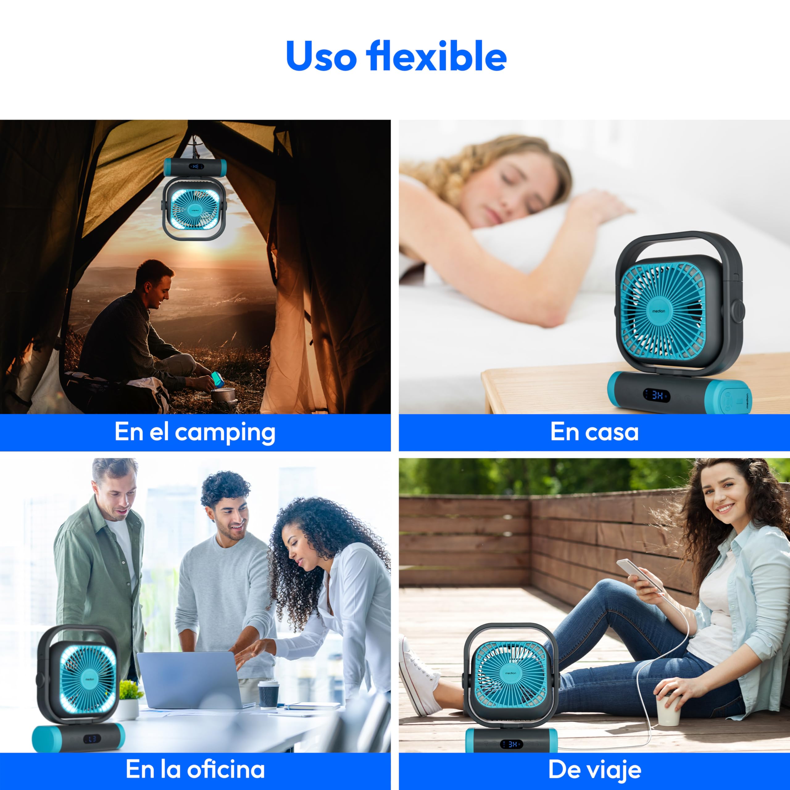 MEDION Ventilador E10 TF (batería, mini ventilador USB pequeño con luz, mando a distancia, 5 niveles, oscilación, gancho para colgar, función powerbank, ideal para oficina camping tienda), verde