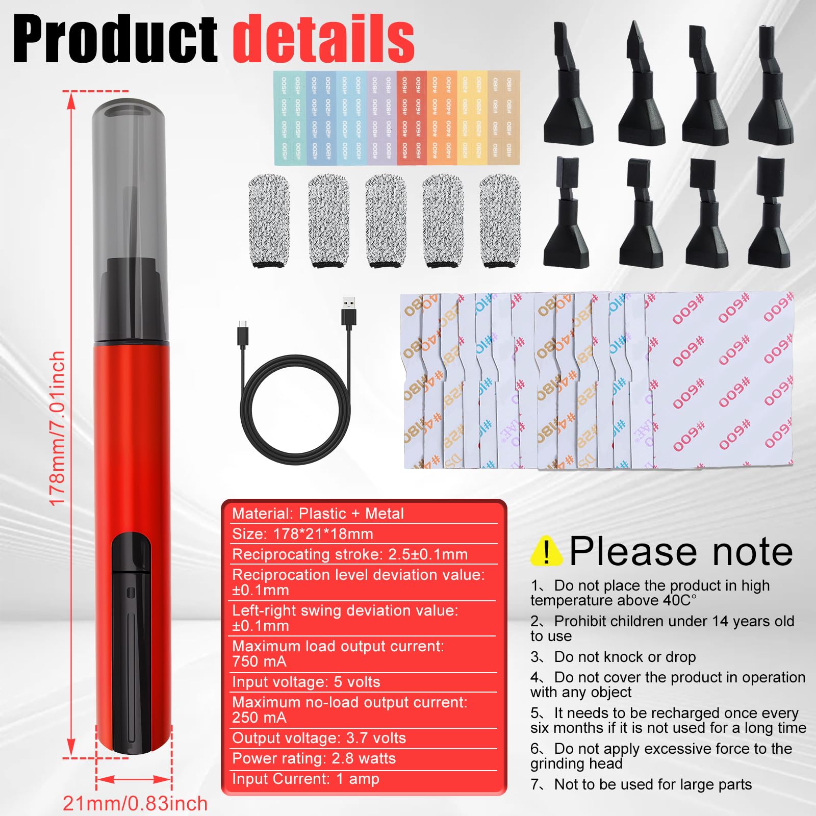 Mini penna per levigatrice alternativa, ricaricabile tramite USB, con protezione da sovraccarico, 3 velocità regolabili, include 8 teste abrasive e 12 tipi di carta vetrata, per fai da te e lucidatura