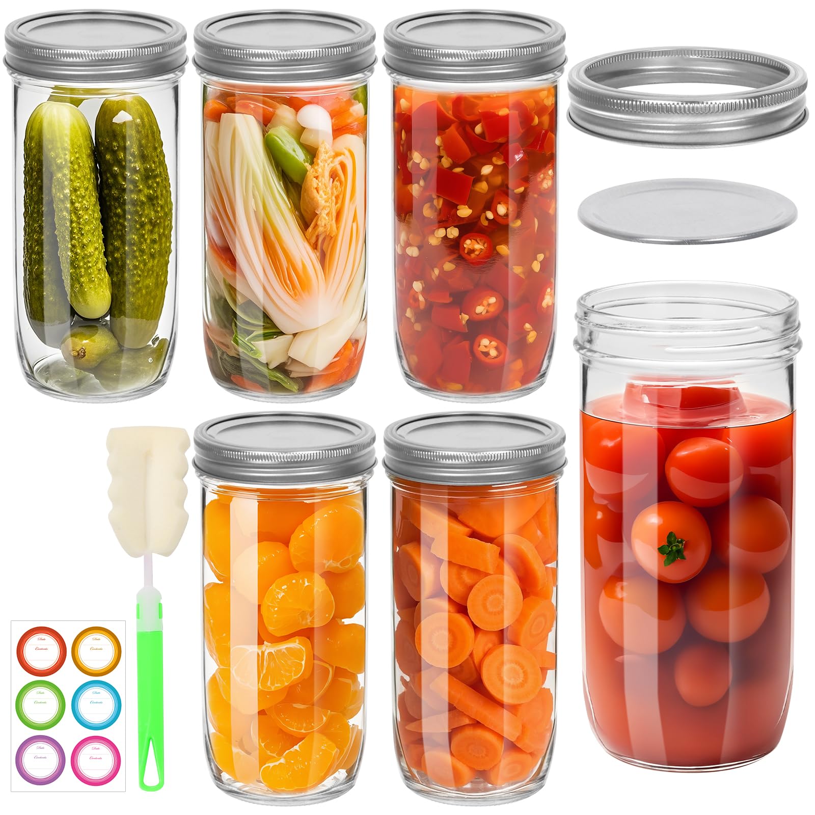 STARSIDE Tarros Mason de boca ancha de 24 onzas, paquete de 6 tarros grandes de mason, botella de conserva de boca ancha con tapas para mermeladas caseras, alimentos curados, cereales secos y