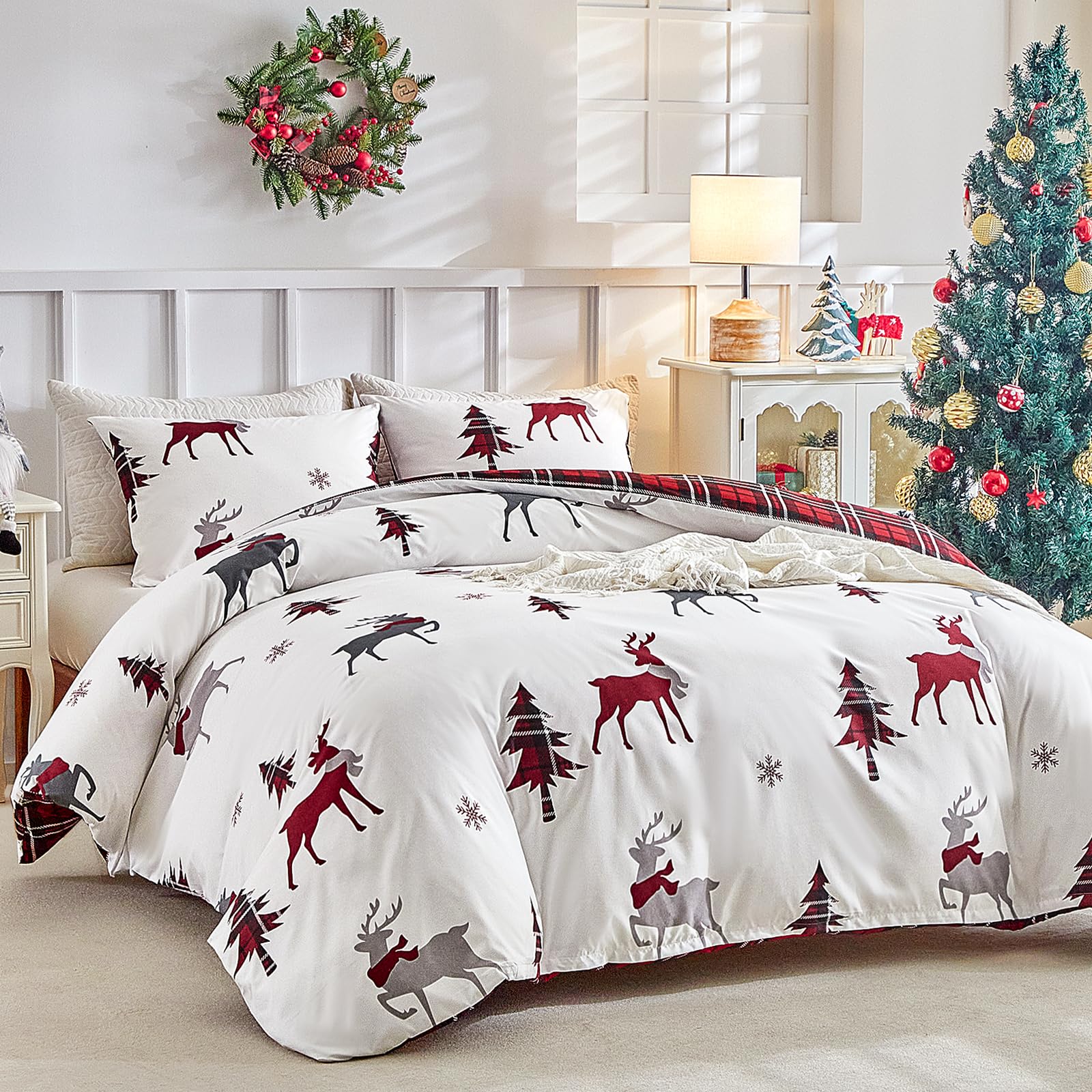 Lekesky King Size Christmas Reindeer Print Duvet Cover Sets - Soft Microfibre Red King Siz...