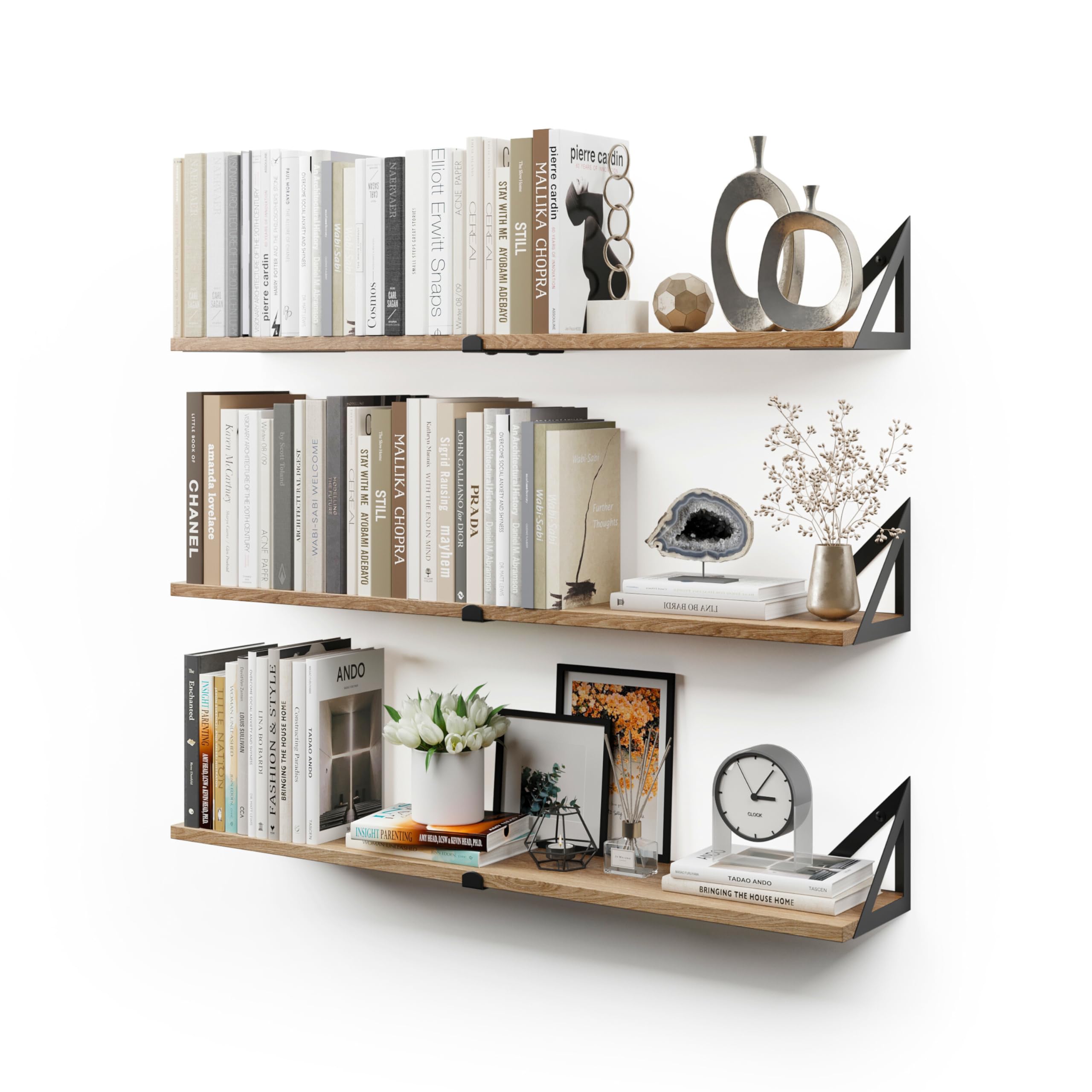CASSA NOKO Wandmontierte schwebende Bücherregale für die Wand, 3er-Set, Regal Bücherregal für Schlafzimmer Wohnzimmer Büro Badezimmer Küche Rustikales Holz mit Metallhalterung (Naturweiß groß)