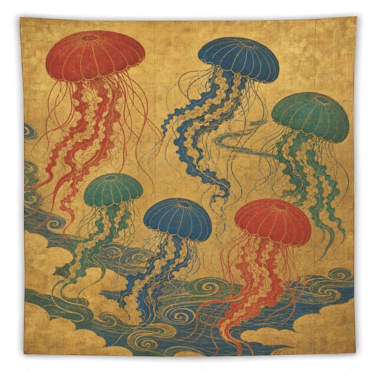 W7C8U2X3 Jellyfish Garden Wall Tapestry, Vintage Poster, Ocean Botanical