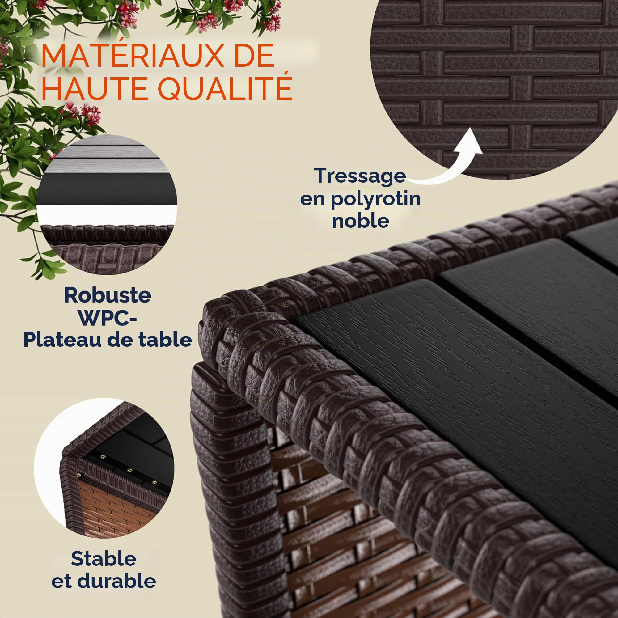 Casaria Table d'appoint en polyrotin Brun Plateau WPC 45x45x40cm réglable en Hauteur Jardin Balcon