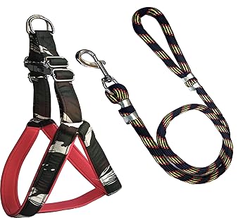 ADIOS Dog Belt Combo of 1 inch 3D Printed Green Padded Dog Body Cross Harness with Black Lead Adjustable Dog Chest Size 22-29 inch Dog Harness Leash