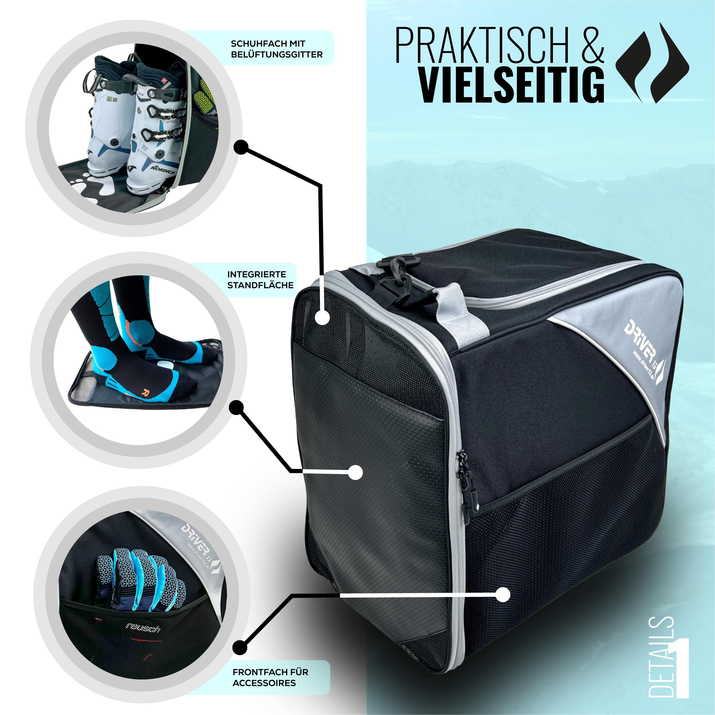 Driver13 ® Bolsa para Botas de Esquí con Compartimento para Casco, Negro-Gris