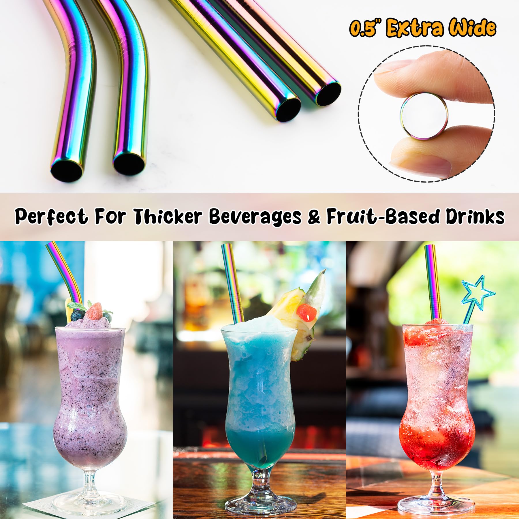 NiHome Extra Wide Reusable Stainless Steel Drinking Straws Straight & Bent 4PCS (Iridescent), 4 PCS - Image 2