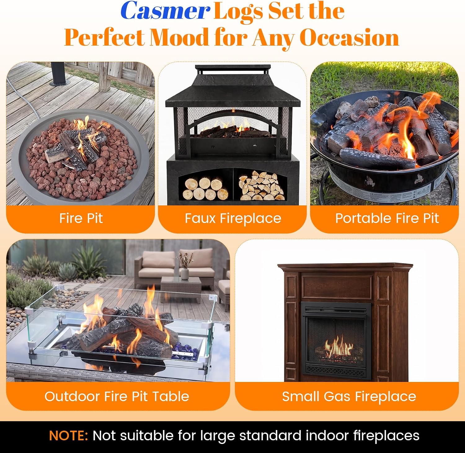 Ceramic Gas Logs, 8 Pcs Small Realistic Resistant, Pit & Fireplace Decor | Electric Gas Pit & Fireplace, Smokeless, Realistic Orange-Glow Embers, Long Service Life, Ideal for Cozy Vibe, Freely Stack