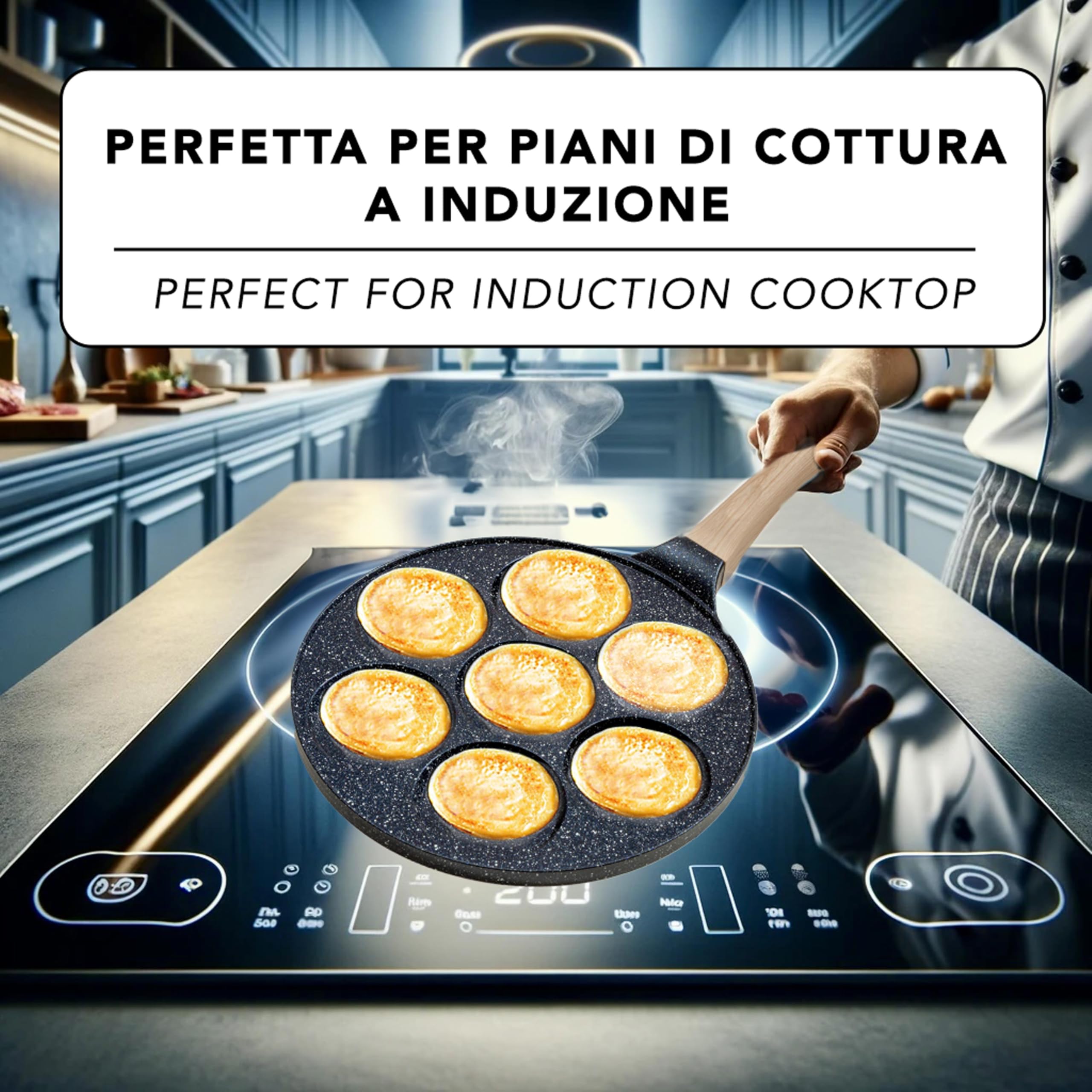 IPEA Padella Pancake Antiaderente per Induzione e Gas - Anti Aderente in Alluminio Per Frittata, Crepes, Uova, Hamburger - Padella da Cucina con 7 Stampi - Manico Comfort - 29 x 26,5 cm