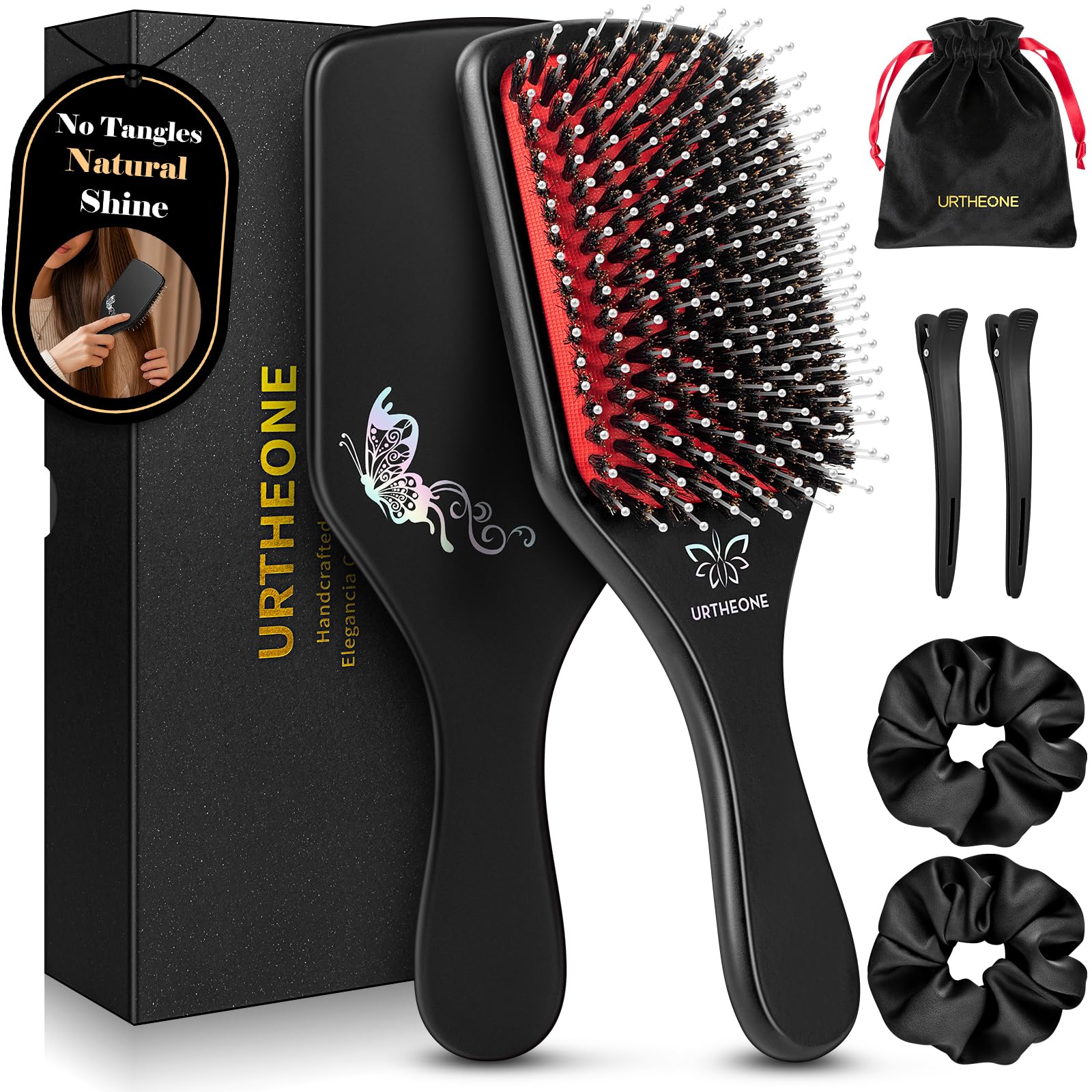 Boar Bristle Hair Brush for Women, Wooden Smoothing Detangler Gift Set Black Red