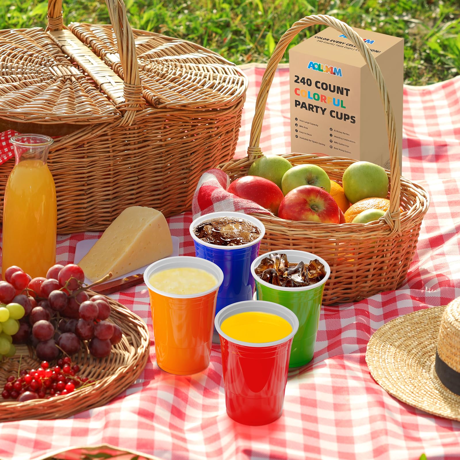 AOLUXLM 240 Partybecher Set + 20 Bälle, Plastikbecher, Mehrwegbecher | 473ml/16oz, Mehrweg, in 4 Farben, Spülmaschinenfest, Polypropylen (PP), Trinkbecher für Feste und Veranstaltungen