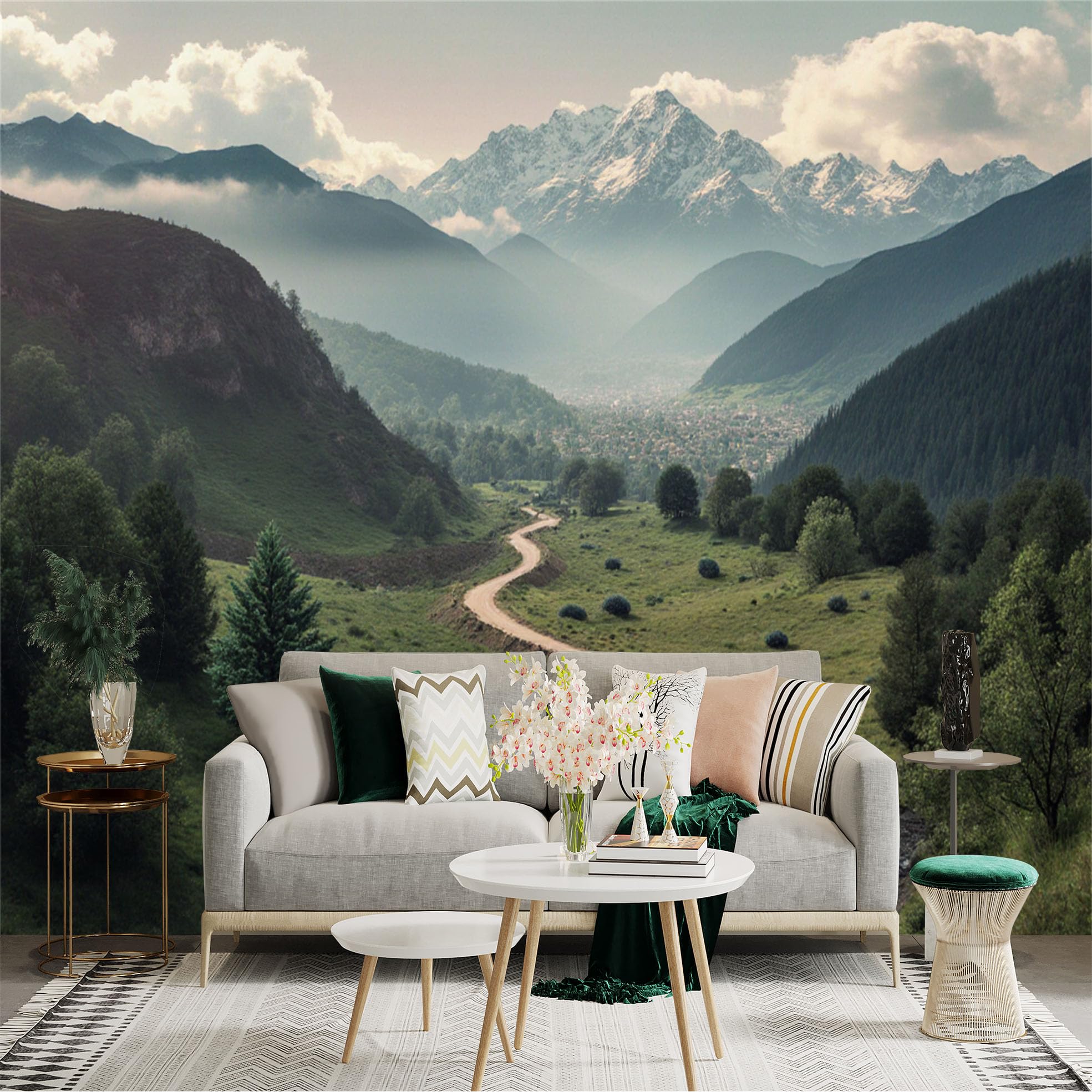Lnzczhyre Xc260505238 Custom Size Wall Sticker Mural， Winding Dirt Road Through Lush Valley， Majestic Snowcapped Mountain Peaks， Scenic Nature Landscape， For Wall Decoration， Peelandstick Wall Decals.