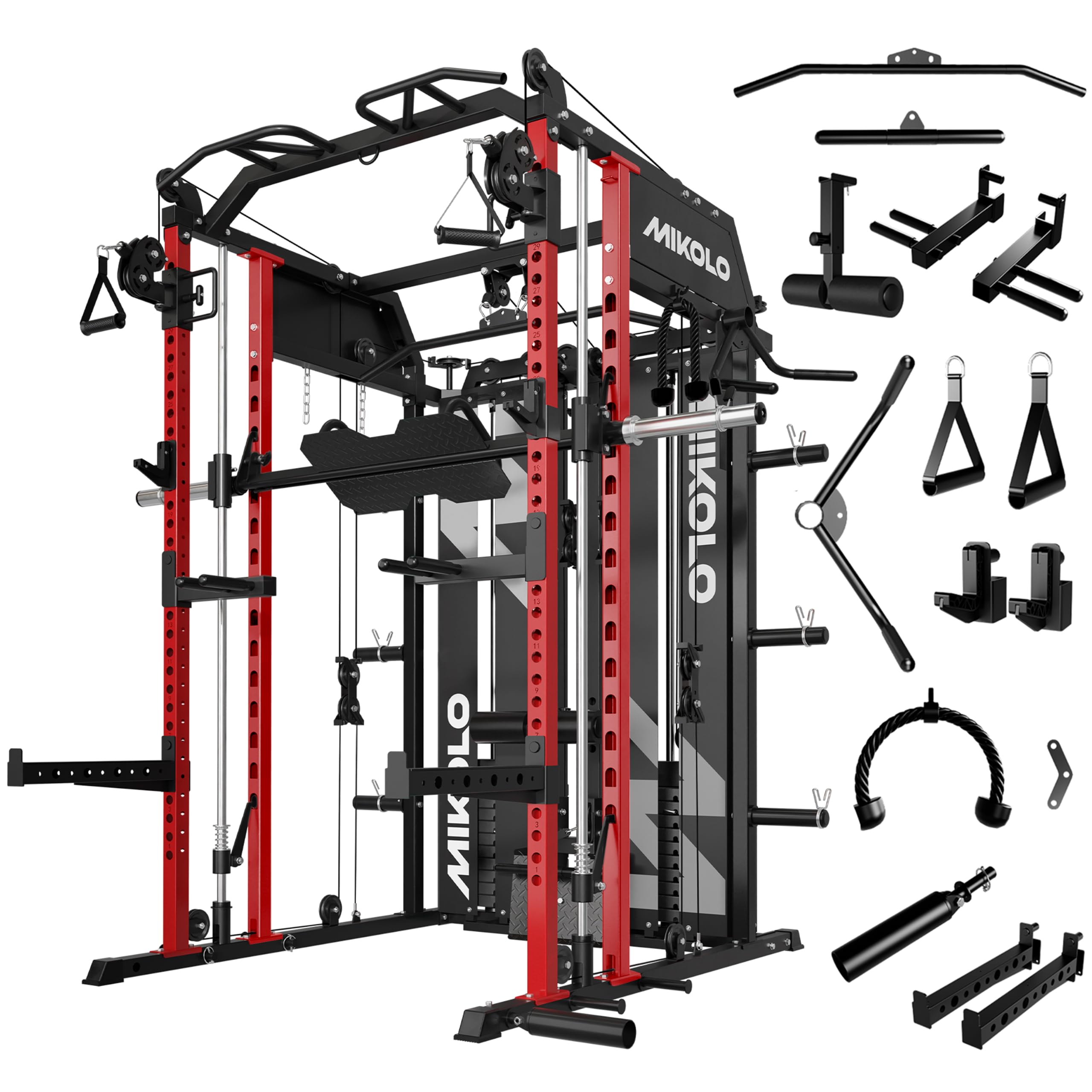 Mikolo Smith Machine with Weight Stack, Power Cage Home Gym System with LAT Pulldown &amp; Cable Crossover, Multi-Functional Trainer with Dual Pulley System, Includes 10+ Free Attachments