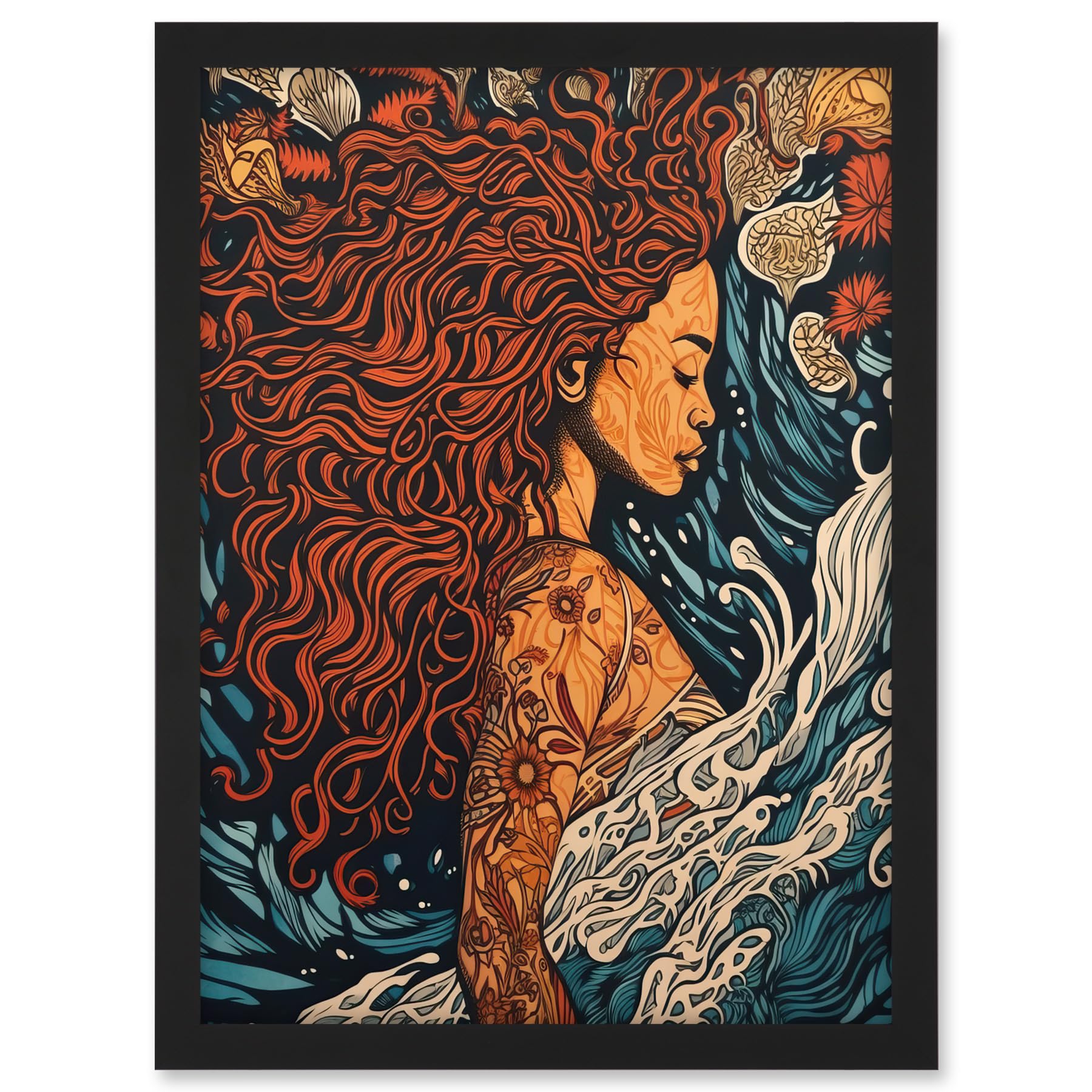 Artery8 Sea Water Nymph Modern Art Nouveau Linocut Artwork Framed A3 Wall Art Print