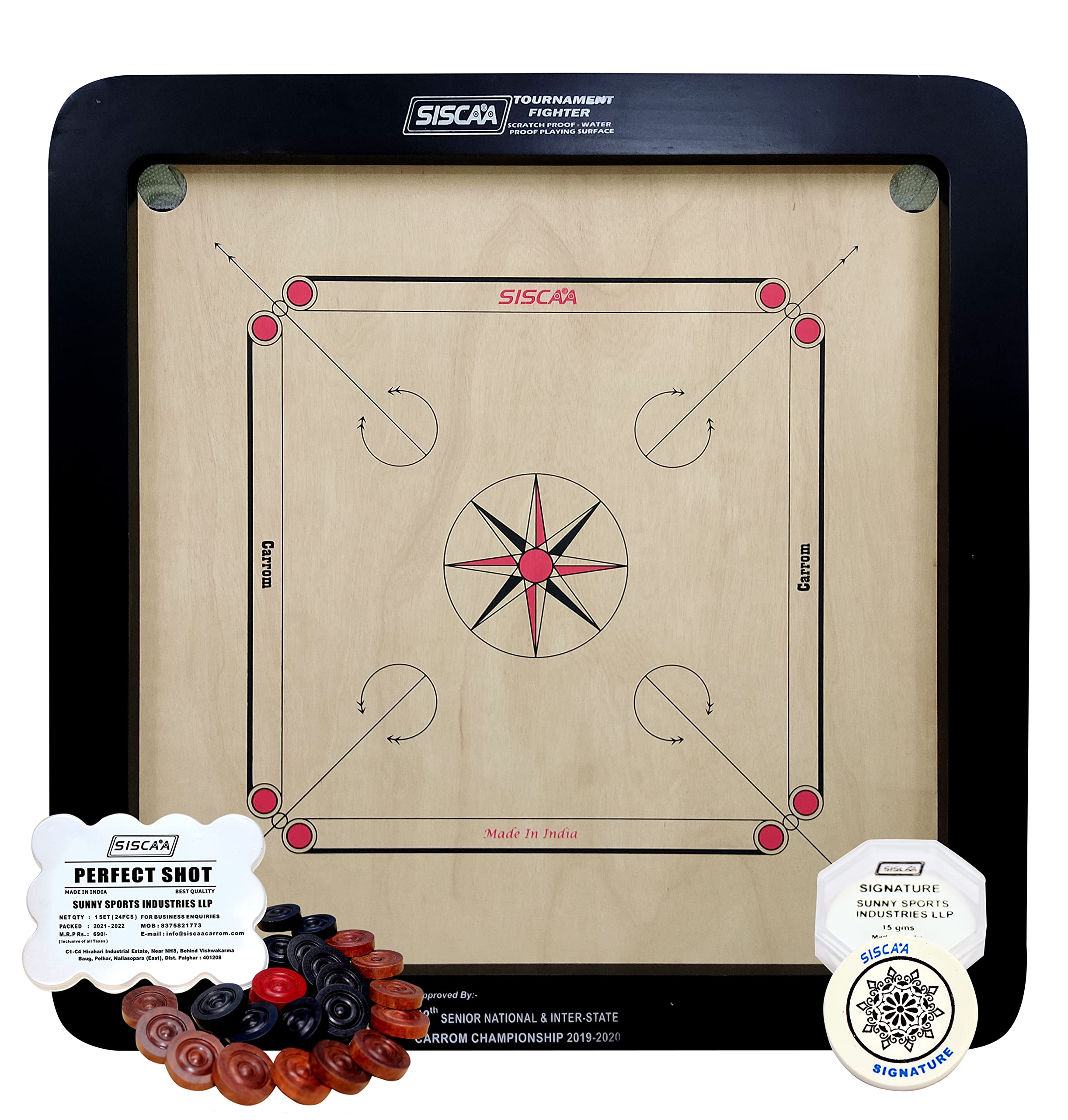 SISCAA Tournament Fighter Carrom Board With Fast Indian Ply, Black Border, Rounded Corner Border, Includes Coin, Striker And Powder (20 Mm, 3X2 Inch ),For 3 Years And Up, Kids (B09H4VJPJB) Amazon Price History, Amazon Price Tracker