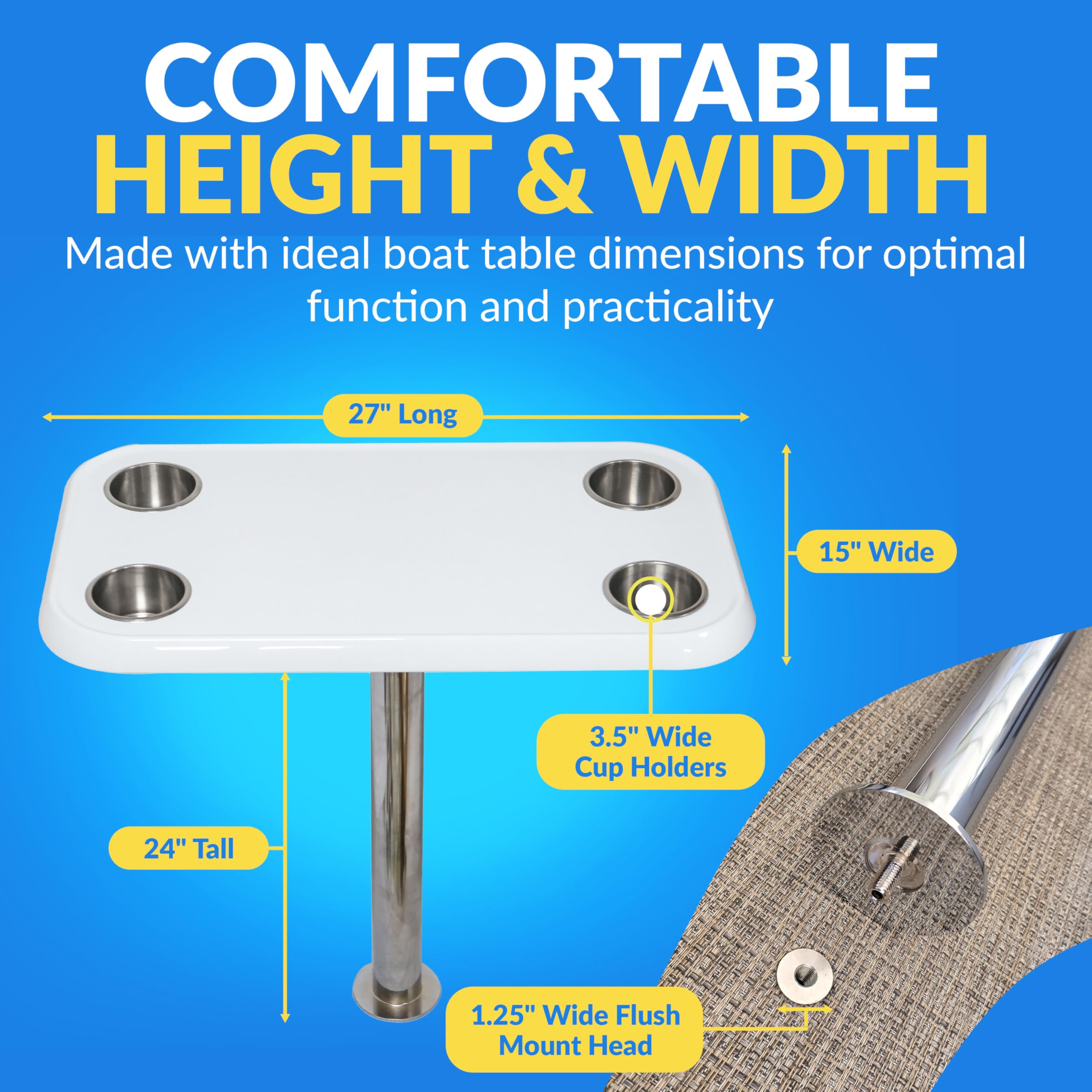 White Pontoon Boat Table Top & Post - No-Wobble Pontoon Table with Flush Mount Anchor & Stabilizing Floor Plate - Easy-to-Install, Compact Design with Modular Accessory Mount - Available in 6 Colors