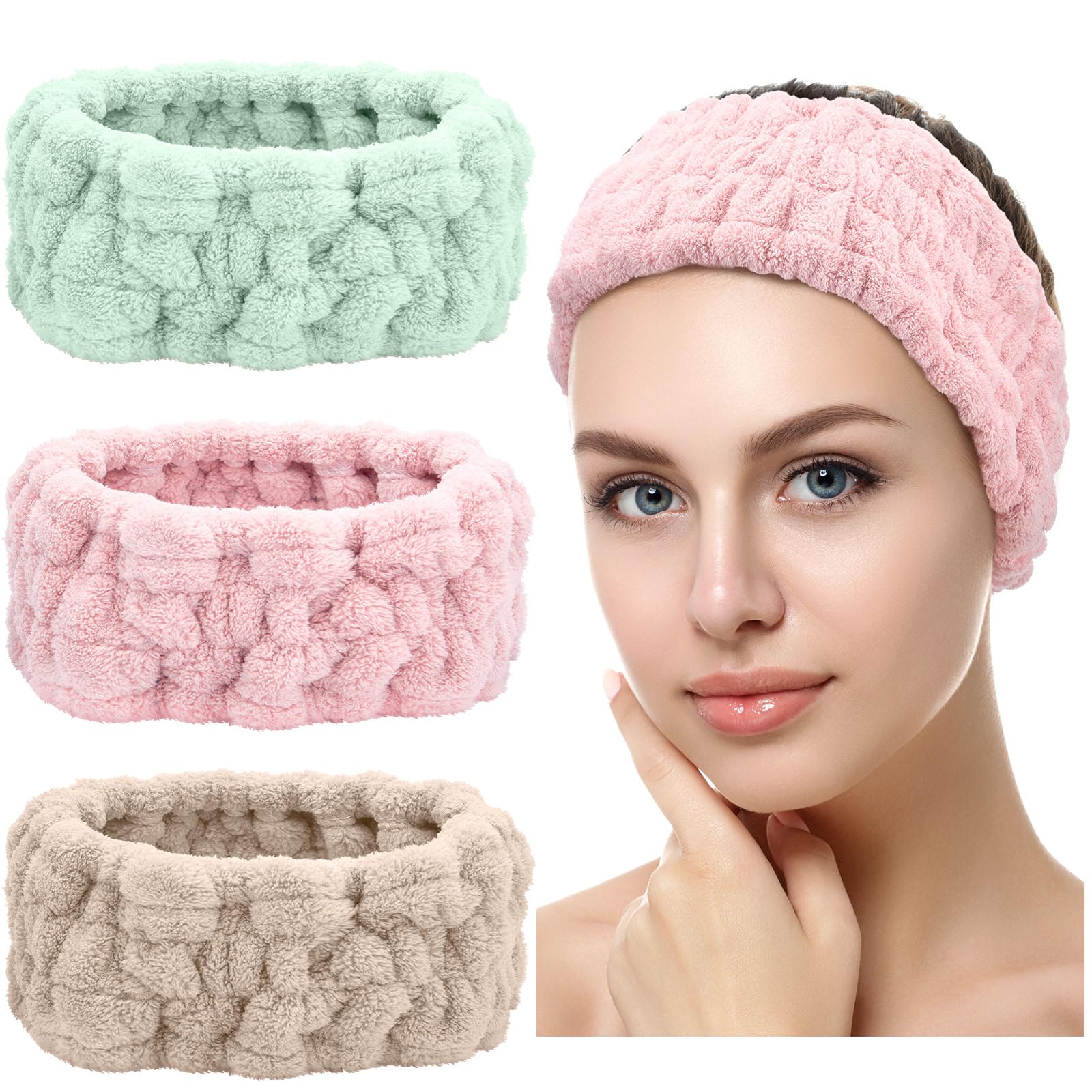 4er Set Gesichts-Stirnbänder Frottee | Mit Magic Tape, Verstellbar | Für Make-up, Dusche, Sport | Blau, Mint, Lila, Rosa