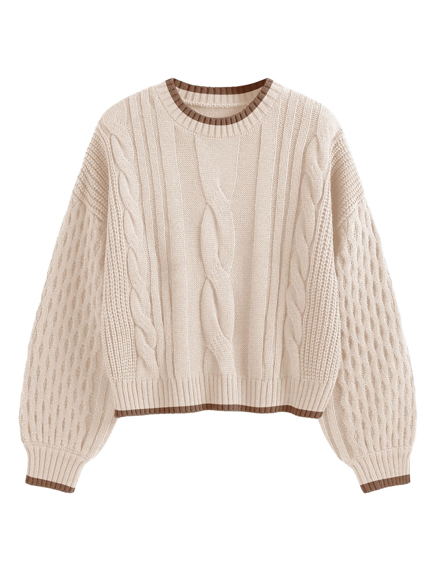 ZAFUL Women's Solid Knit Cable Sweater with Lantern Sleeves
