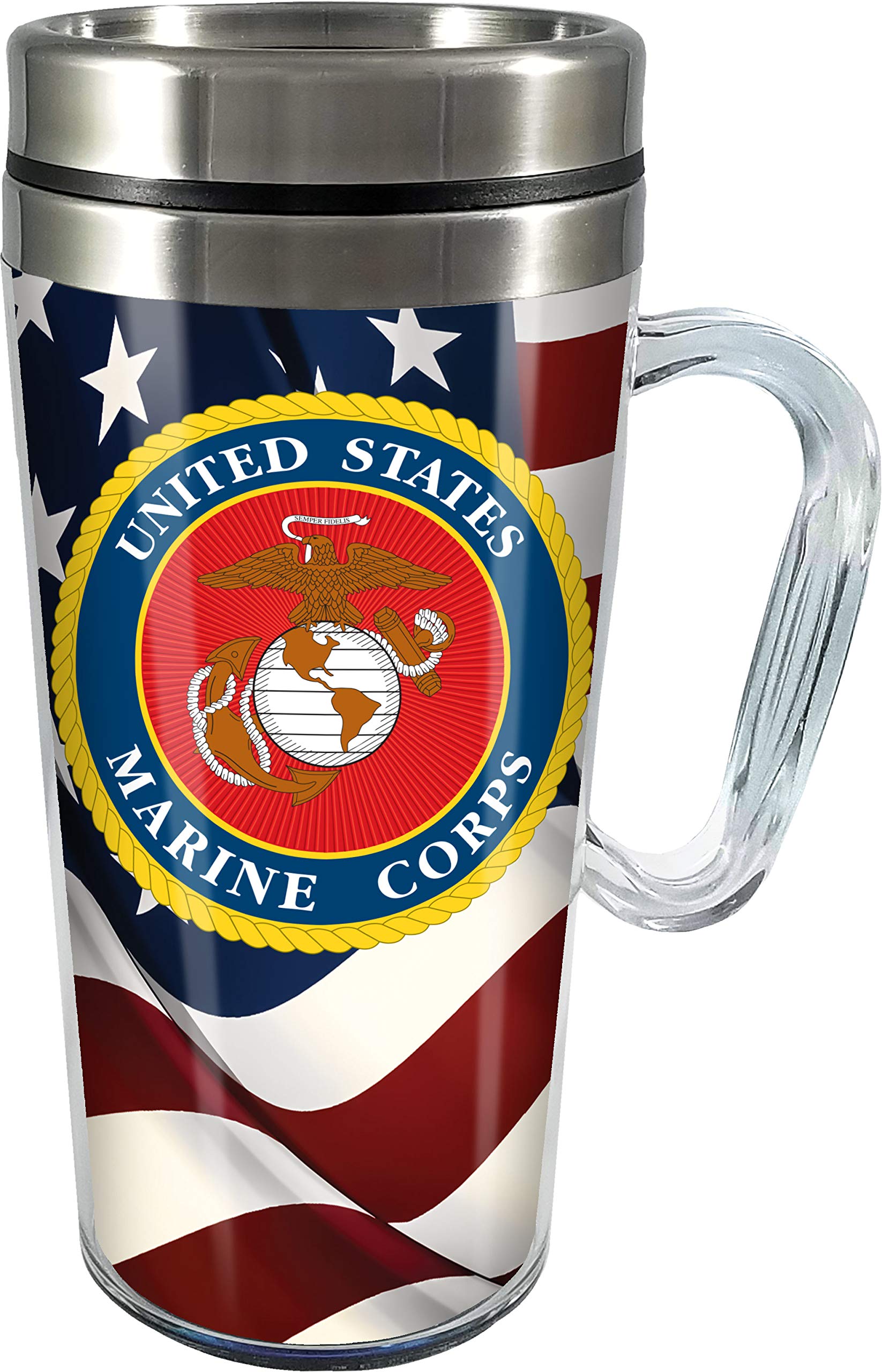 Amazon.com: Spoontiques Insulated Travel Mug, 14oz - Double Wall Stainless  & Acrylic Drink Cup with Twist Top Lid & Handle - US Marine : Home & Kitchen